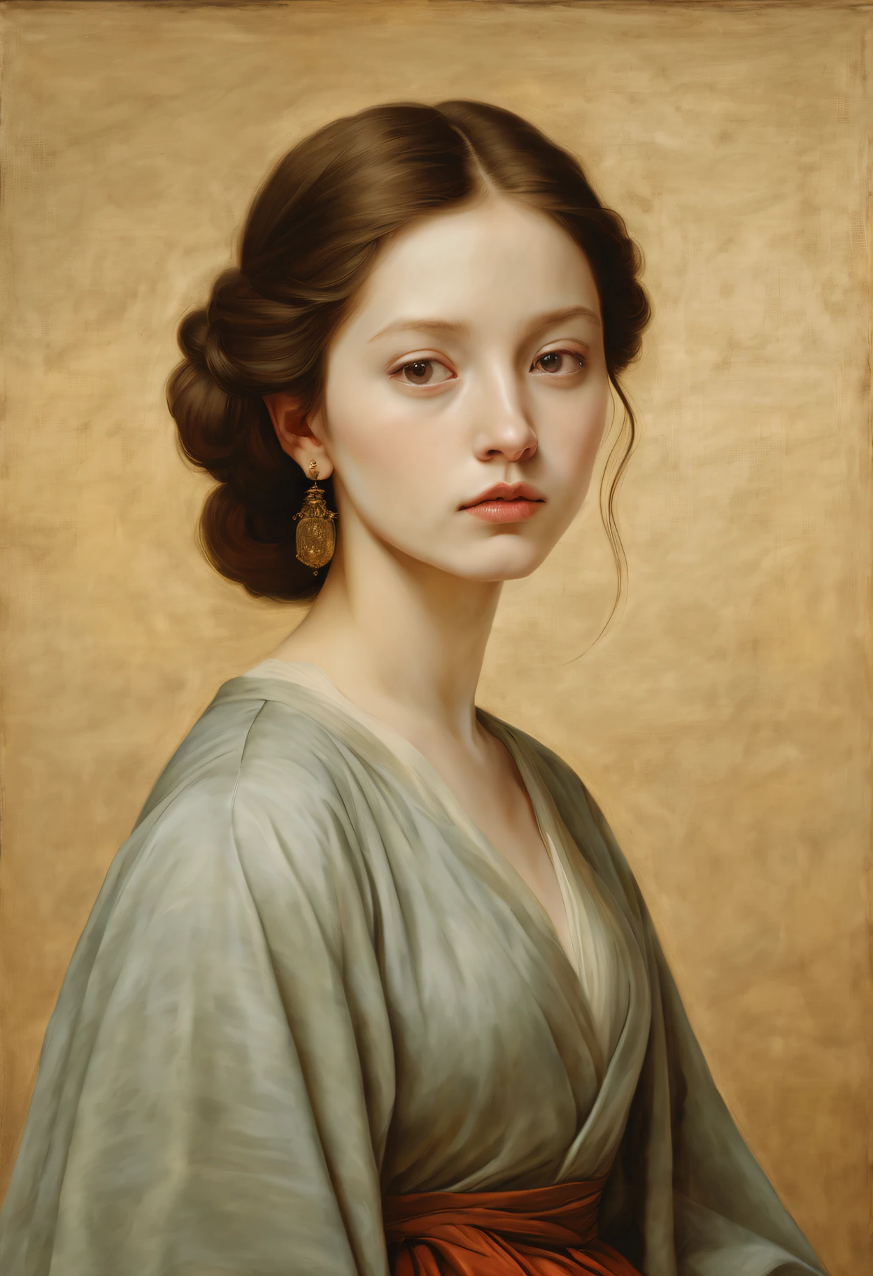 (Best quality,actual:1.37),Renaissance Minimalist Oil Painting,beuaty girl,詳細な目,Subtle color palette,Meticulous,Wonderful atmosphere,Glowing light,Soft light and shadow,vivid emotional descriptions,Timeless elegance,Meticulous attention to detail,Delicate and exquisite texture,Harmonious composition,Understated beauty,Classic art,serene environment,A unique perspective.