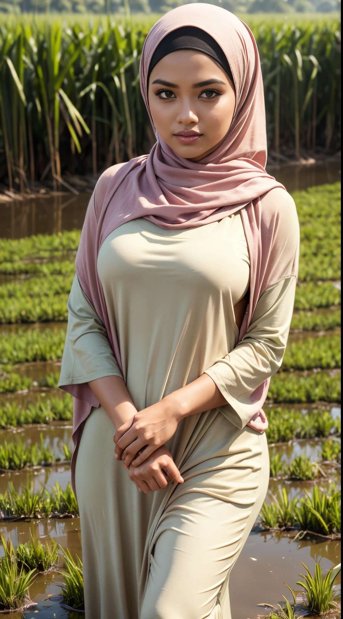 A woman in a hijab standing in a field of crops - SeaArt AI