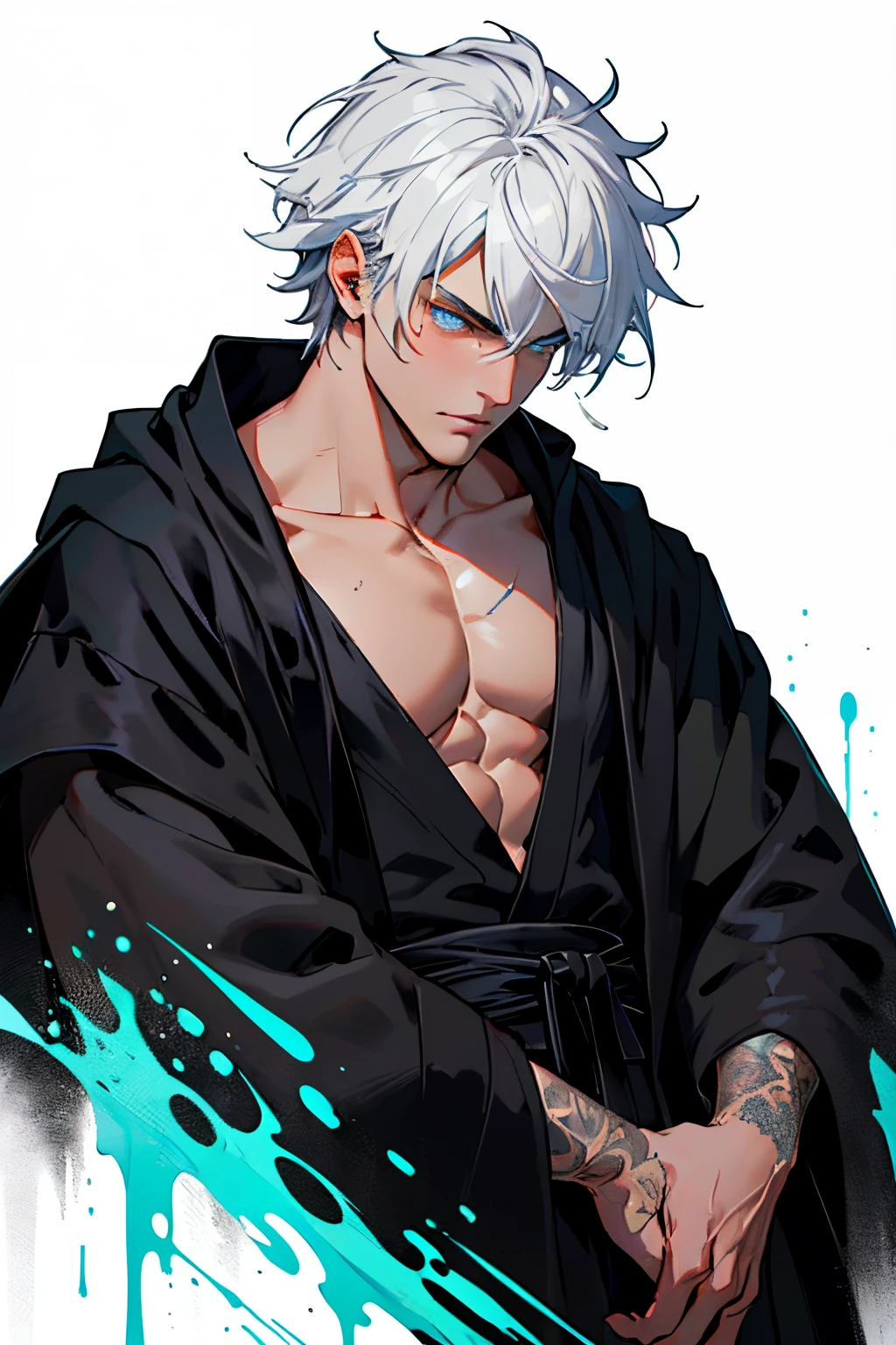 Anime guy with white hair and blue eyes holding a knife - SeaArt AI