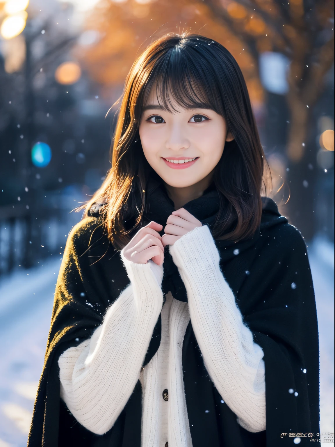 Наблюдая, как тихо падает снег. Ее интроспективное и слезливое выражение лица、Вызывает тоску и тоску по зимним ночам。。。。。。、высшее качество、гипер HD、Ёшитомо Нара, Японские модели, Красивая японская жена, с короткими волосами, 27-летняя девушка-модель., 4 К ], 4k], 27 лет, Сакимичан, Сакимичан、(Гиперреалистичный), (Иллюстрация), (высокое разрешение), (8К), (Очень подробно), (Best Иллюстрация), (Высочайшее качество с прекрасным вниманием к деталям), (ультрадетализированный), (стол), (обои), (детальное лицо), Один, Одна девушка, зритель, мелкие детали, детальное лицо, во тьме, глубокие тени, сдержанный, чистое лицо_v1, улыбка, длинные волосы, Черная шаль на прямых волосах, 46-точечная диагональная челка, все тело, ноги скрещены