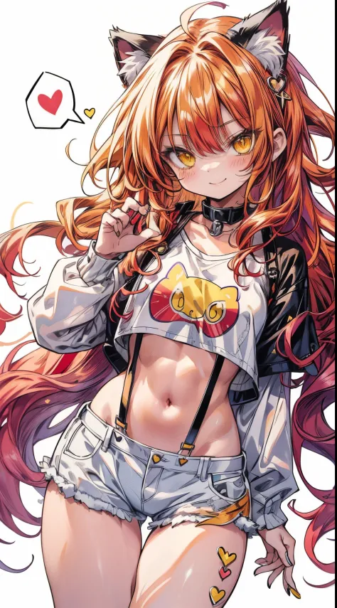 masutepiece,Best Quality,Insanely detailed,1 cute loli girl ,(8years old:1.3),Smile,(red wavy messy hair,Long hair:1.3),(Yellow cat eyes ,Cat ears:1.3),White T-shirt,suspenders,Hot Pants,bare navel,Stomach,(Abs:0.8),one-handed paw pose,livingroom,(Spoken H...