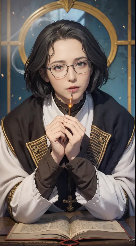 8k, best quality, highres, realistic, real person, a clergy character with glasses and short hair, who, despite being a cleric, ...