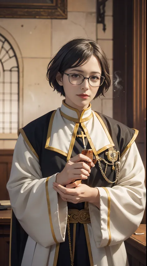 8k, best quality, highres, realistic, real person, a clergy character with glasses and short hair, who, despite being a cleric, ...