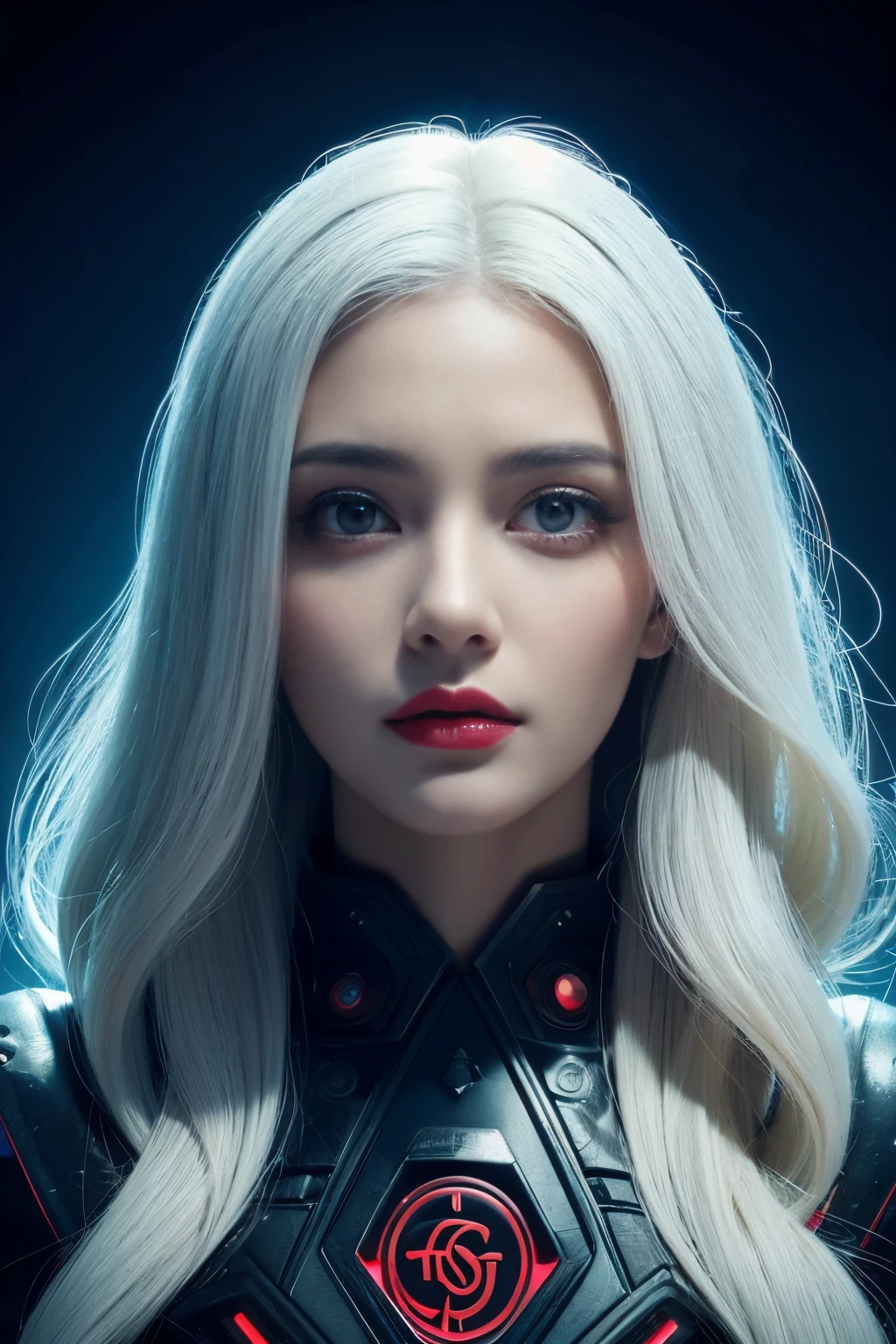 Portrait of a beautiful girl with wavy white hair, wearing a formal black dress with metal parts, red eyes, monograms in the background, digital painting, dark colors, 8k, complex details, vintage, retro futuristic style, sharp focus on the center, pastel colors, art station, (sci-fi, future, future theme), (facial expression looking with disdain), (detailed illustration)