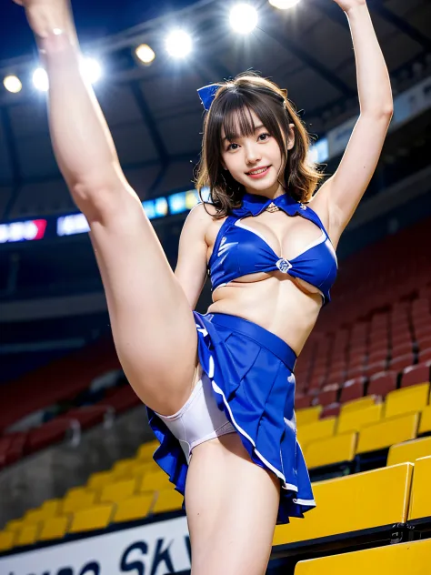 cheerleaders、Colorful cheering costumes、The navel is visible、Short Skirt Lift、big pom pom loop panties、NSFW、Raise one leg high to cheer、(((Highkick:1.3)))、Low angle full shot、Below the shot loam at ground level、High and wide sky、spectator seats、1 Japan Gir...