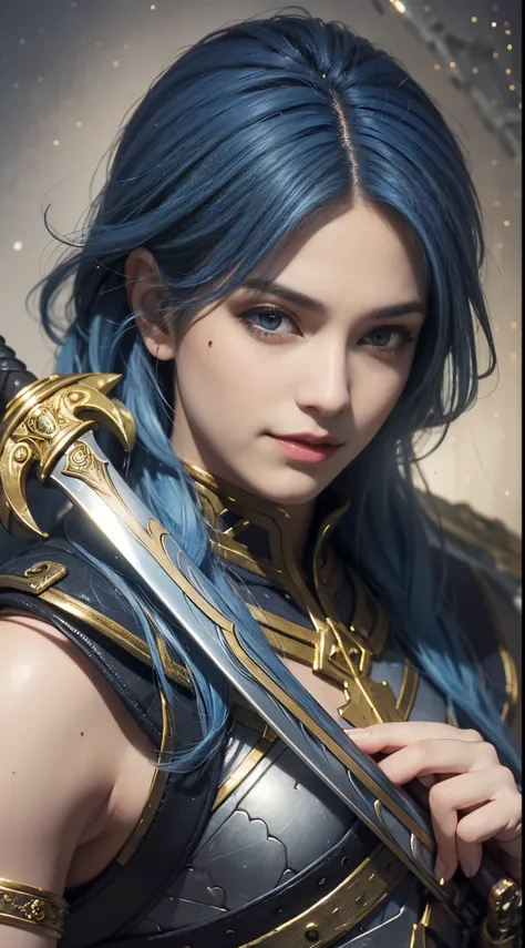 8k, best quality, highres, realistic, real person, a heroic character with silky blue bobbed hair, holding a legendary sword. th...