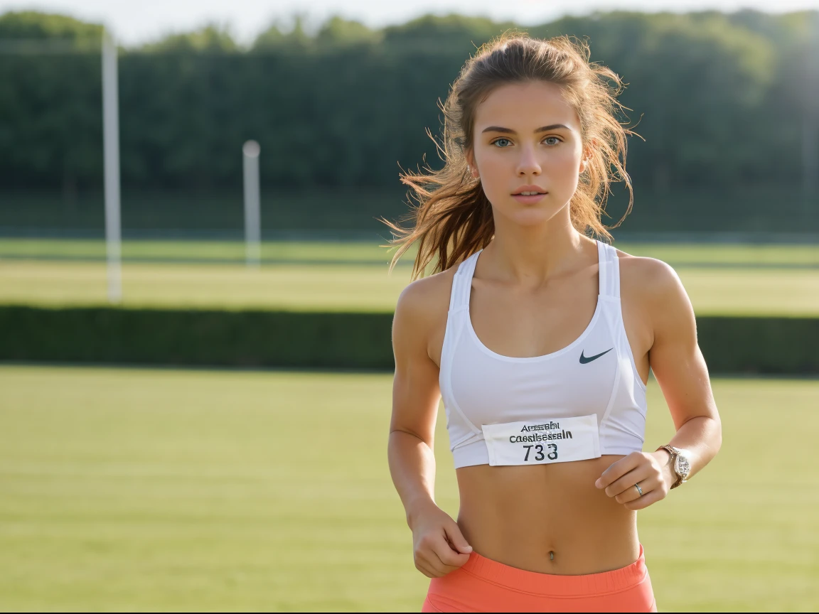 (((masterpiece))), ((one) girl 23 year old) (((Caucasian))) ((small breast)) French girl with shoulder length messy  brunette hair, she  . She  wearing running gear, she  running, outdoor running track, taken with, Canon 85mm lens, extreme quality, heavily retouched, heavy makeup, very high quality, flawless beauty,