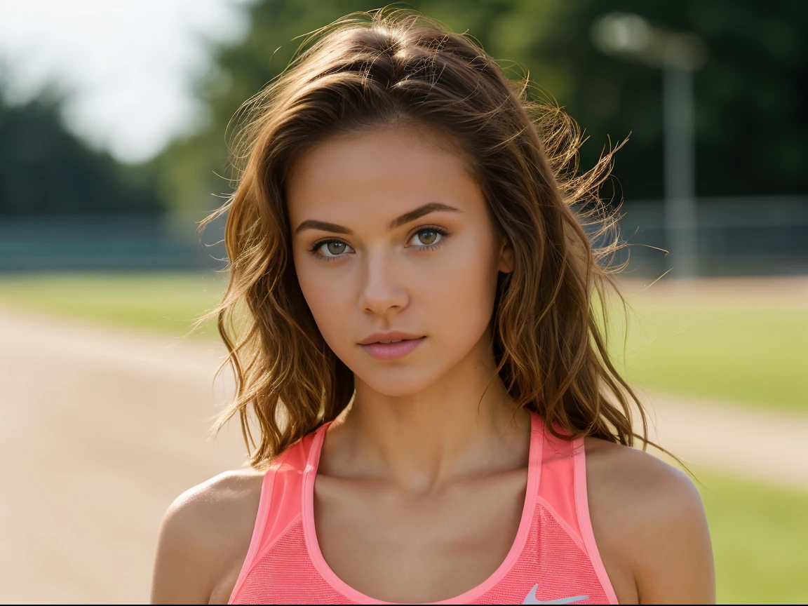 (((masterpiece))), ((one) girl 24 year old) (((Caucasian))) ((small breast)) French girl with shoulder length messy  brunette hair, she  . She  wearing running gear, she  running, outdoor running track, taken with, Canon 85mm lens, extreme quality, heavily retouched, heavy makeup, very high quality, flawless beauty,