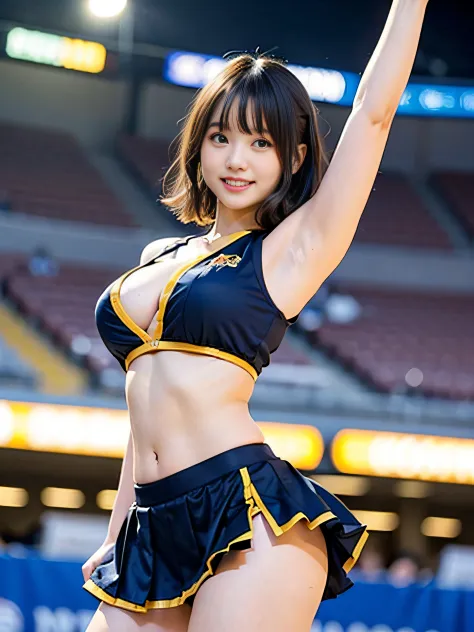 cheerleaders、Colorful cheering costumes、The navel is visible、Short Skirt Lift、big pom pom loop panties、NSFW、Raise one leg high to cheer、(((Highkick:1.3)))、Low angle full shot、Below the shot loam at ground level、High and wide sky、The audience seats are full...