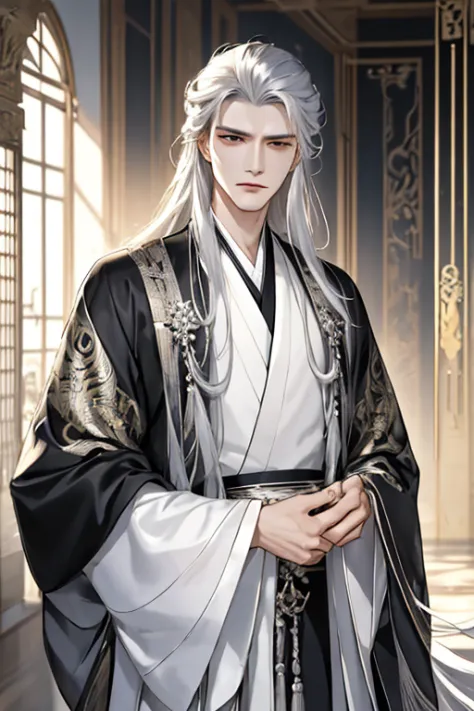 tmasterpiece，Best Picture Quality，Silver-haired man，male people，Black Hanfu，，Blackn clothes，long, floated hair，Wide-sleeved robe...