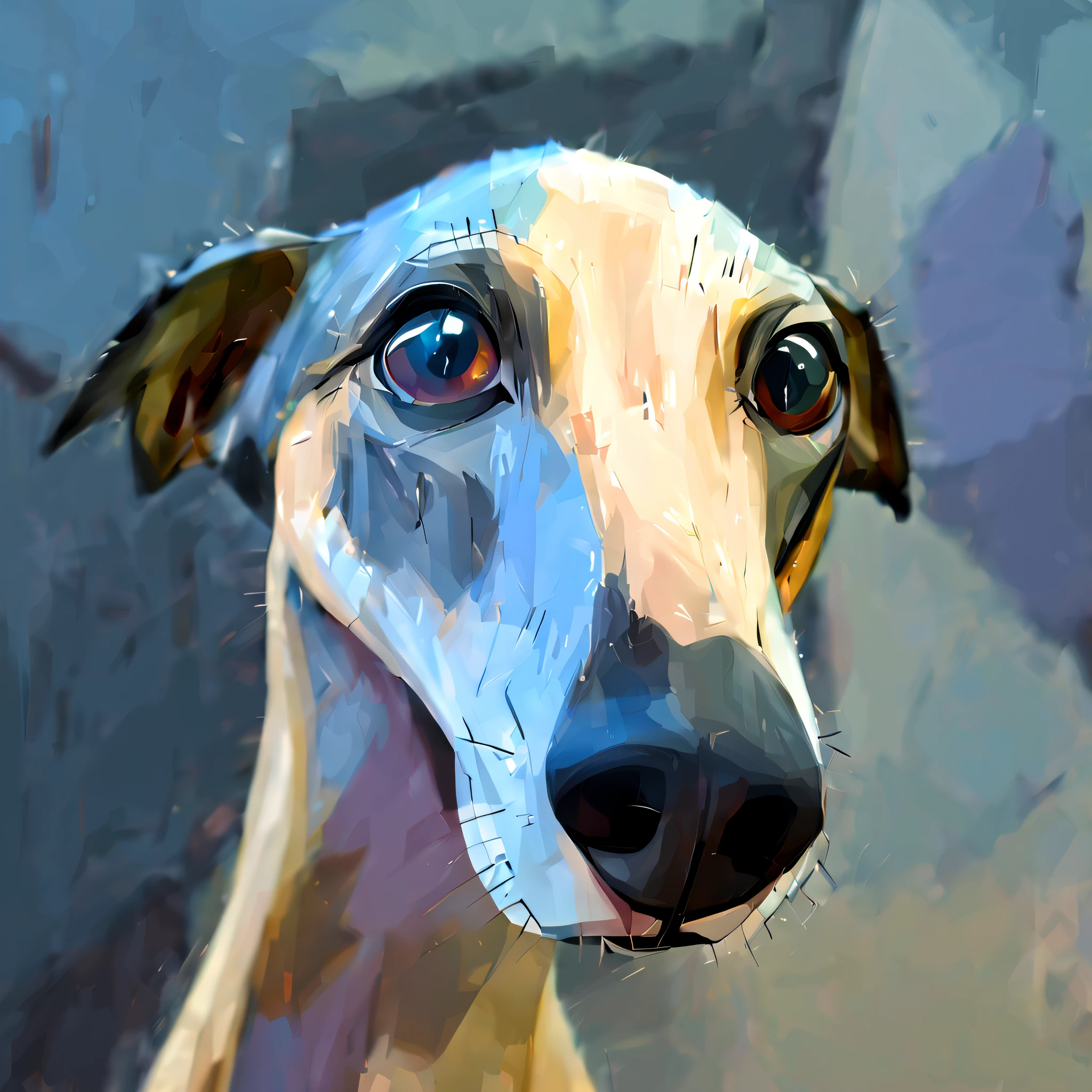 a fisheye cartoon of greyhound dog head(female), strongly elongated muzzle, expressive eyes, caricature, albeniz rodriguez style