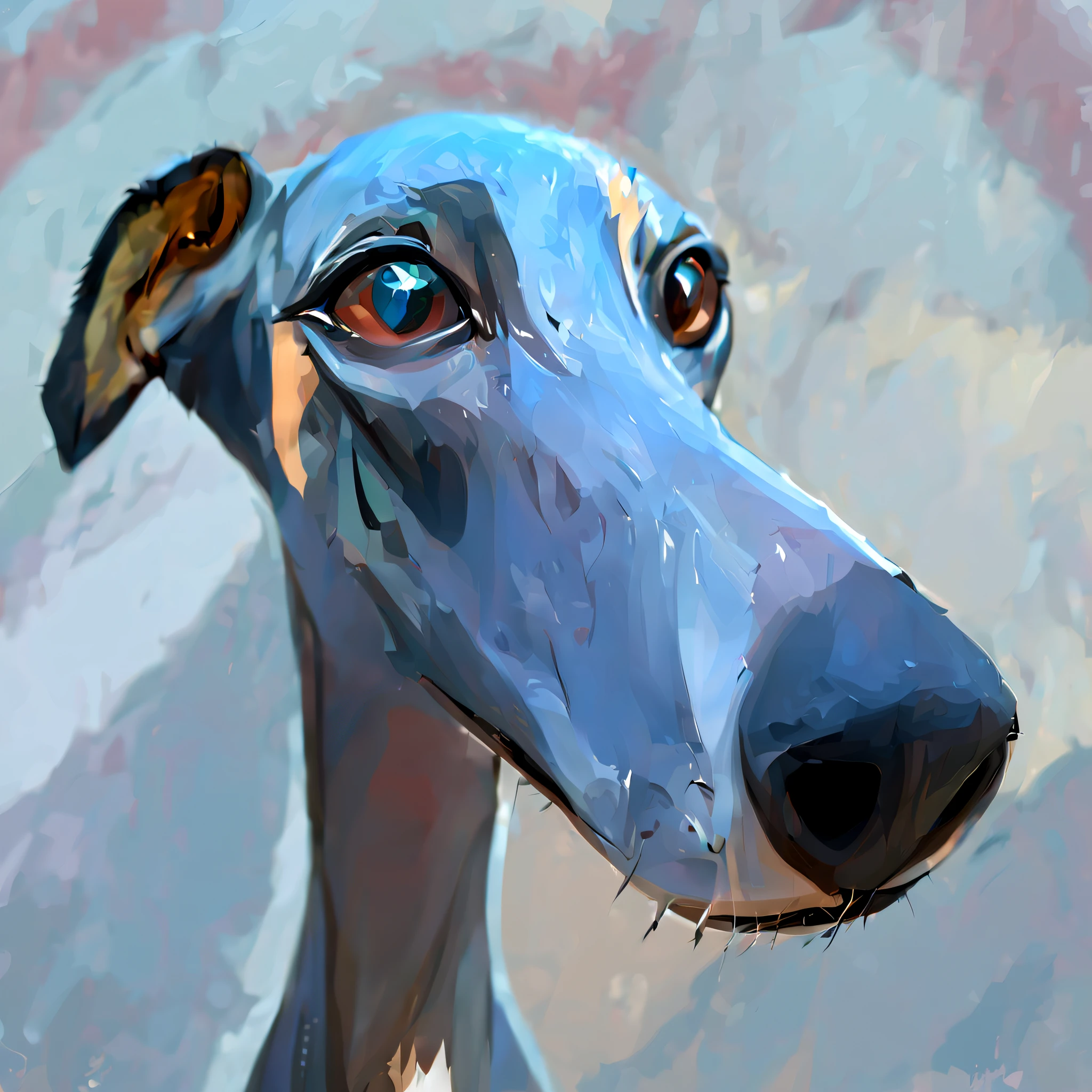 a fisheye cartoon of greyhound dog head(female), strongly elongated muzzle, expressive eyes, caricature, albeniz rodriguez style