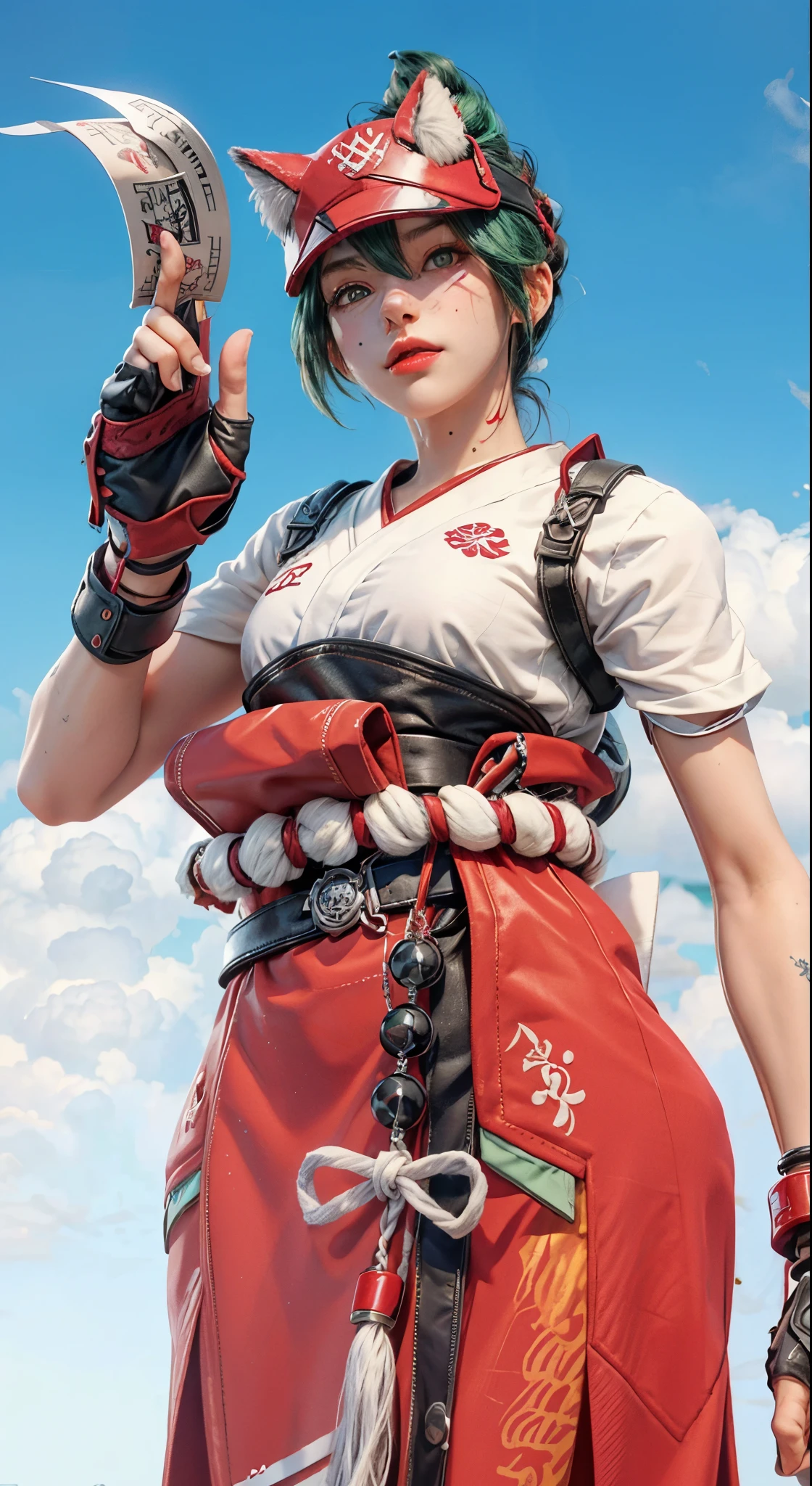 (best quality,highres,masterpiece:1.2),ultra-detailed,realistic,(photorealistic:1.37),Kiriko from Overwatch 2,Overwatch,holding japanese style white talisman with black inked characters,emerald green hair,detailed face and eyes,beautifully detailed costume BREAK ,white and red and black accessories,red and black wristlet,red and white bandage, black lining,portraits,anime,vivid colors,sharp focus,physically-based rendering,studio lighting