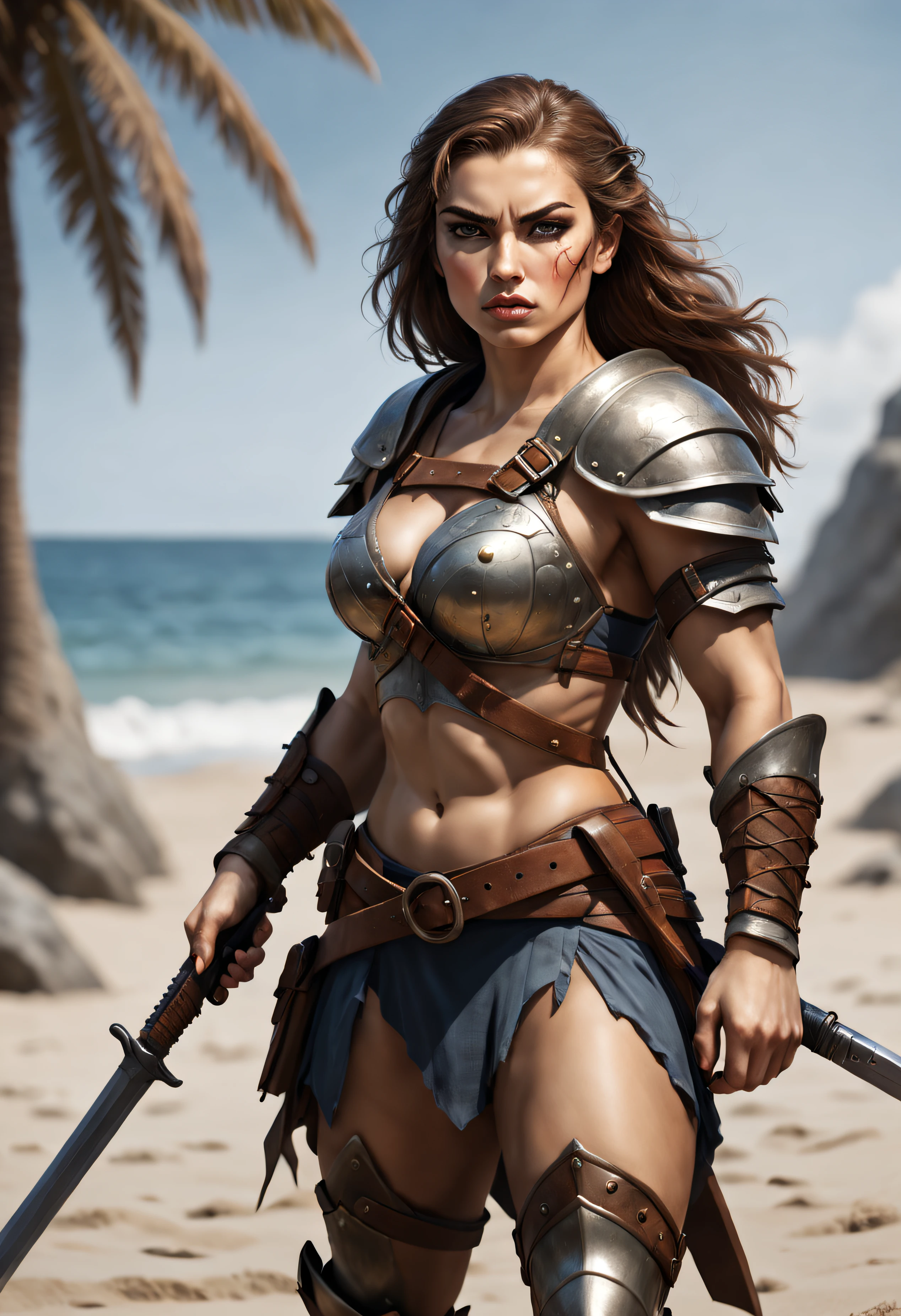 Beautiful warrior woman, avec des armes, sur une plage, guerre, style dessin