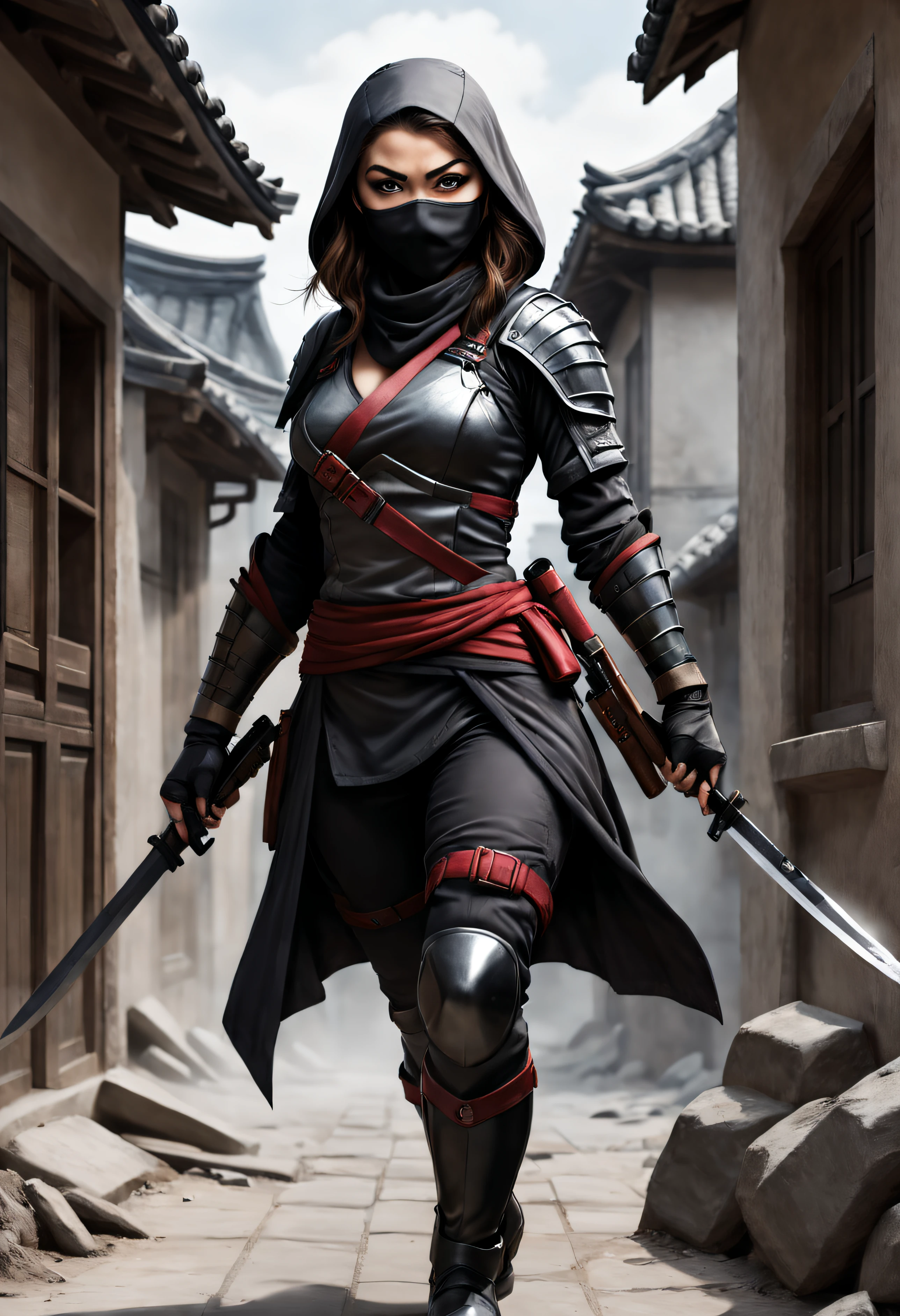 belle femme ninja, avec des armes, cour sur un immeuble, guerre, style dessin