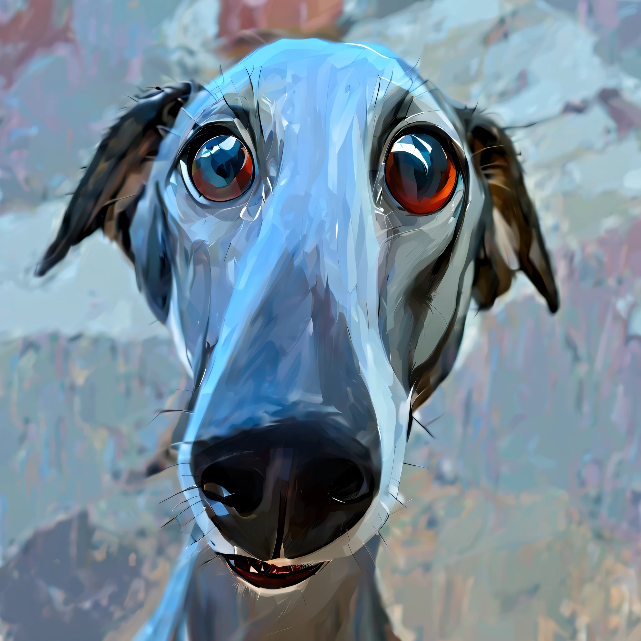 a fisheye cartoon of greyhound dog head(female), strongly elongated muzzle, expressive eyes, caricature, albeniz rodriguez style