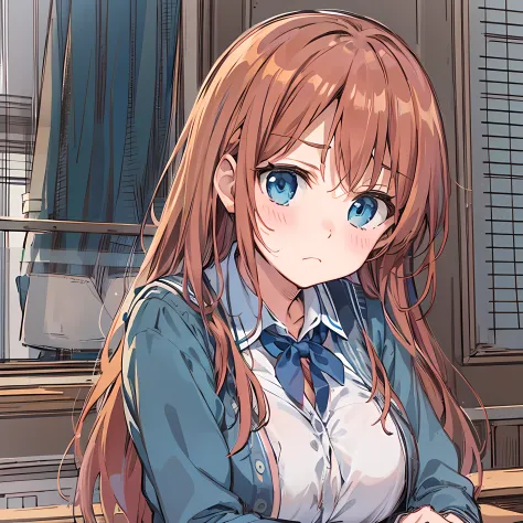 (high quality) Single anime girl, long auburn hair, b cup boobs, blue and white school uniform, melancholic frown, siting in class at the window