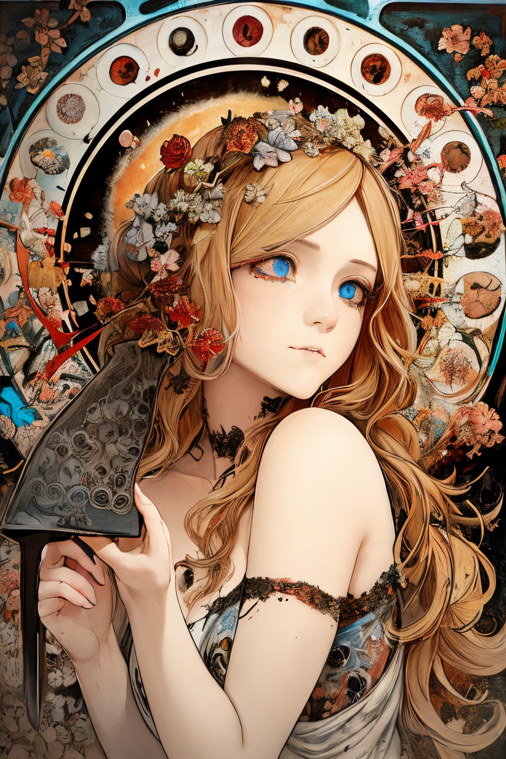 SFW,masutepiece, Best Quality, High resolution, 1girl, upper body, Details , detail hands, Detail fingers, Detail Face, detail legs, watercolor paiting, in graveyard, blonde hair, long hair, wavy hair, tattered clothes, blue eyes, zombie, skull, bone, (art nouveau:1.25), Maximalism artstyle, neon theme, suprematism, crying, beautiful detailed eyes,hyper detailed, beautifuly color, high details, high quality, back light, upper body , high quality, hair with body, cluster amaryllis, rotungwoka person, knife, in village, dead flower, bloody