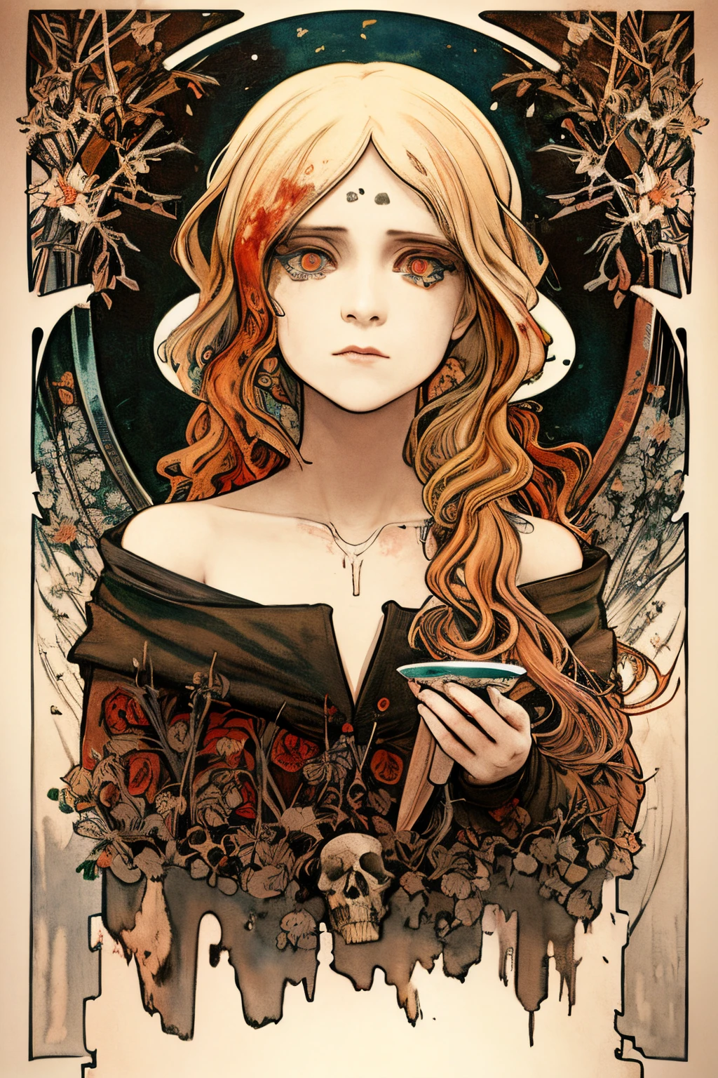 SFW,masutepiece, Best Quality, High resolution, 1girl, upper body, Details , detail hands, Detail fingers, Detail Face, detail legs, watercolor paiting, in graveyard, blonde hair, long hair, wavy hair, tattered clothes, blue eyes, zombie, skull, bone, (art nouveau:1.25), Maximalism artstyle, neon theme, suprematism, crying, beautiful detailed eyes,hyper detailed, beautifuly color, high details, high quality, back light, upper body , high quality, hair with body, cluster amaryllis, rotungwoka person, knife, in village, dead flower,　bloody