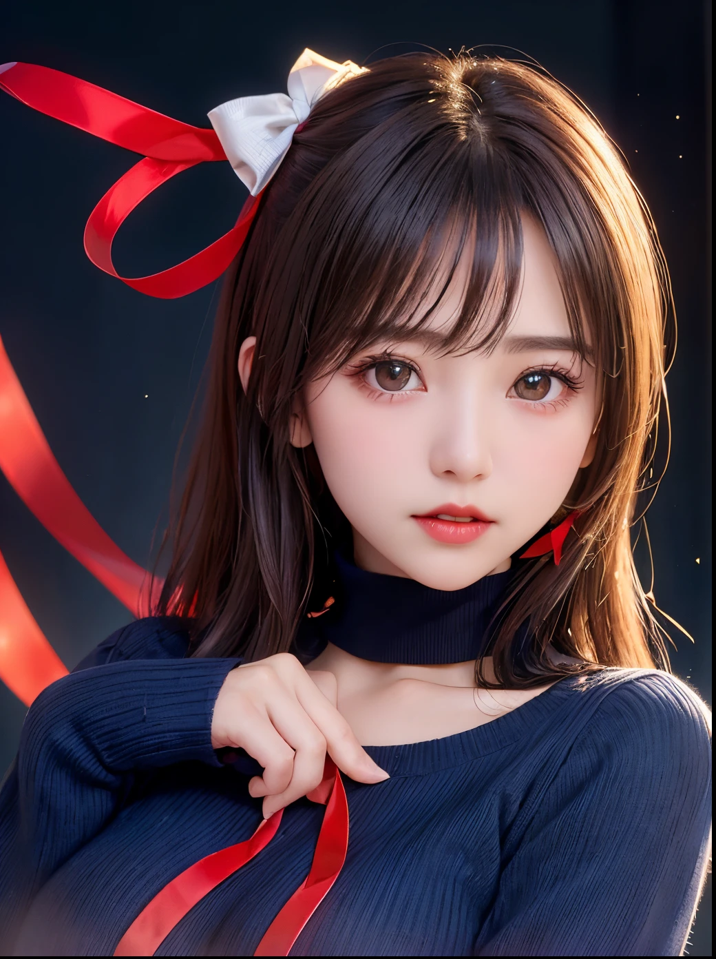 ((High-quality raw photos:1.3)),  (8Ｋ, top-quality), (glossy dark hair, Dark blue high-neck sweater, Wearing a red ribbon on his chest:1.3), shorth hair, Beautiful deep brown eyes、Orange Lipstick、(Colossal tits、Perfect bust:1.3)、Beautiful perfect face、Japan women, (reallistic、Photorealsitic:1.2)、Beautiful big eyes, kawaii, Bust Sharp Focus, white backgrounid, textures of natural reflections, cinematic lightin, (Remove ribbons and decorations on hair), Remove text from the background,