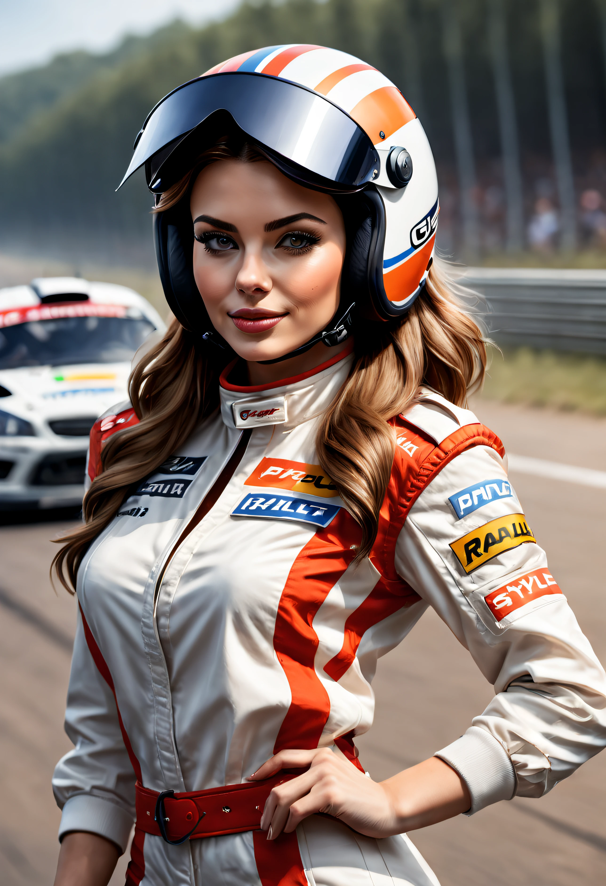 Belle femme pilote de rallye, Rennanzug, Helm in der&#39;Ensemble, Zeichenstil