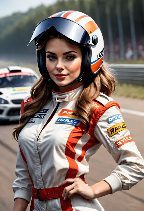 Belle femme pilote de rallye, Combinaison de course, casque dans l&#39;ensemble, style dessin