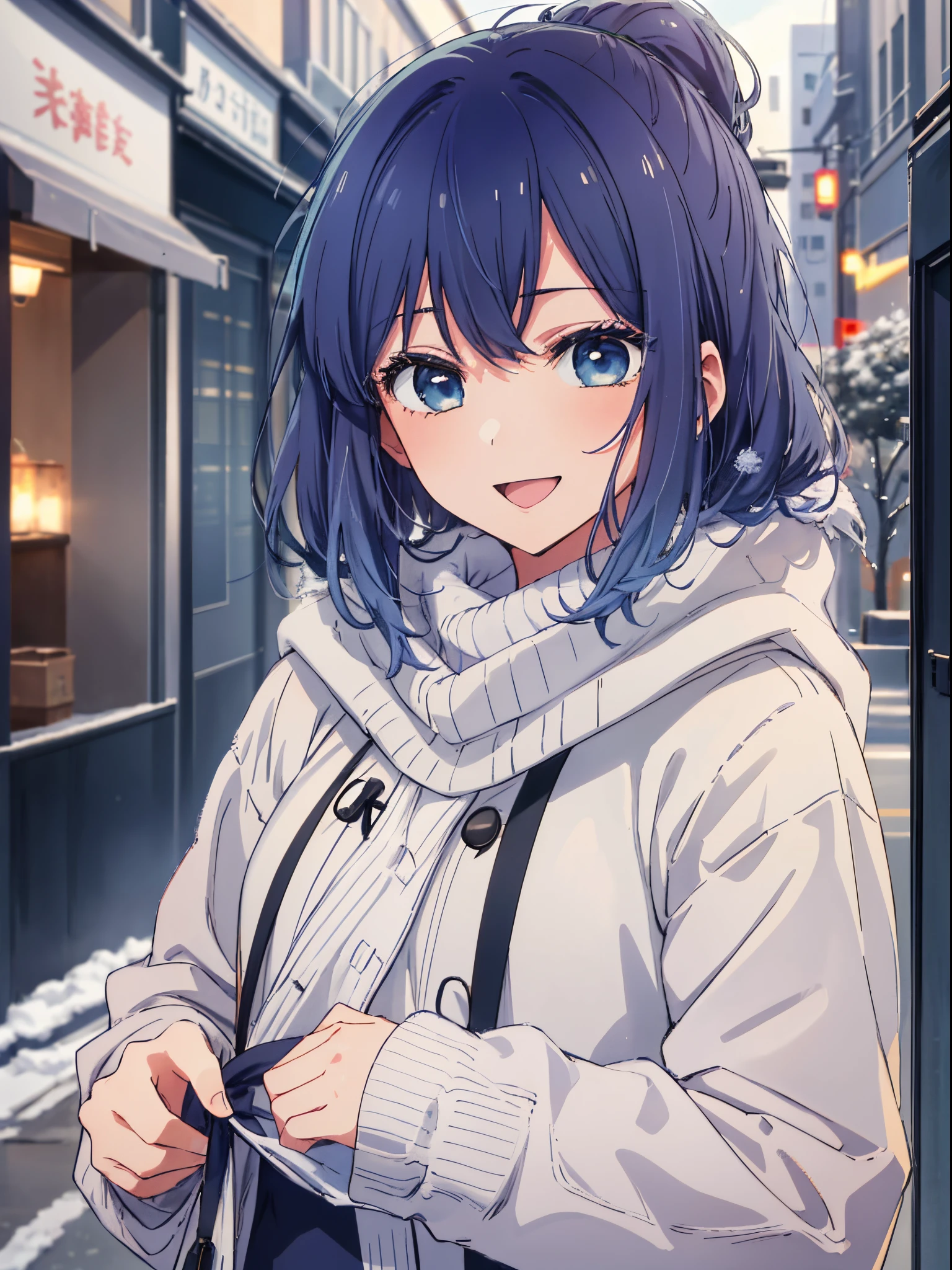 beautiful  lighting, 1girl in, 独奏, Akane, (((anime styled)))、(((2D)))、A smile、Open your mouth、(((Winter clothes)))、Plain clothe、takeout、(((a closeup)))