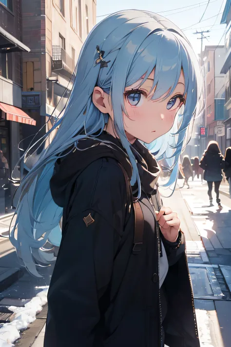 Beautiful fece, ​masterpiece, top-quality, hiqcgbody, animesque, 1girl in, Facing the front、is standing、Medium chest, portrait shot, Look at viewers、I have a runny nose、sneezing、tome&#39;It&#39;s cold and freezing、lightblue hair、Wearing a coat、Cold winter ...