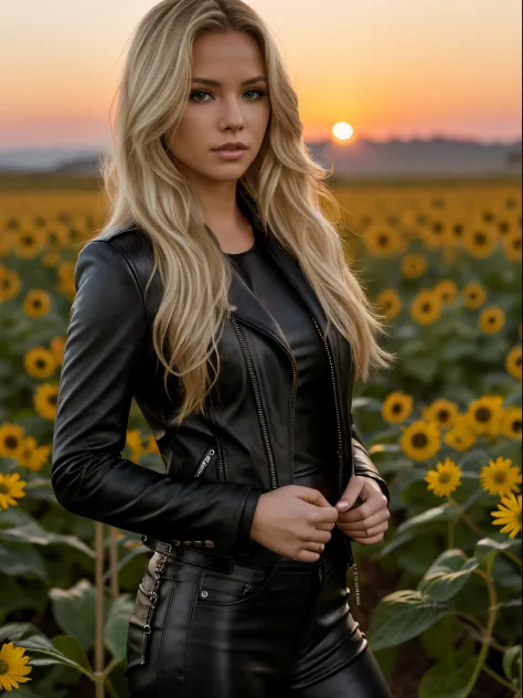 in photorealistic style, a blonde woman with long hair in black leather pants and a black leather jacket in a spring flower fiel...
