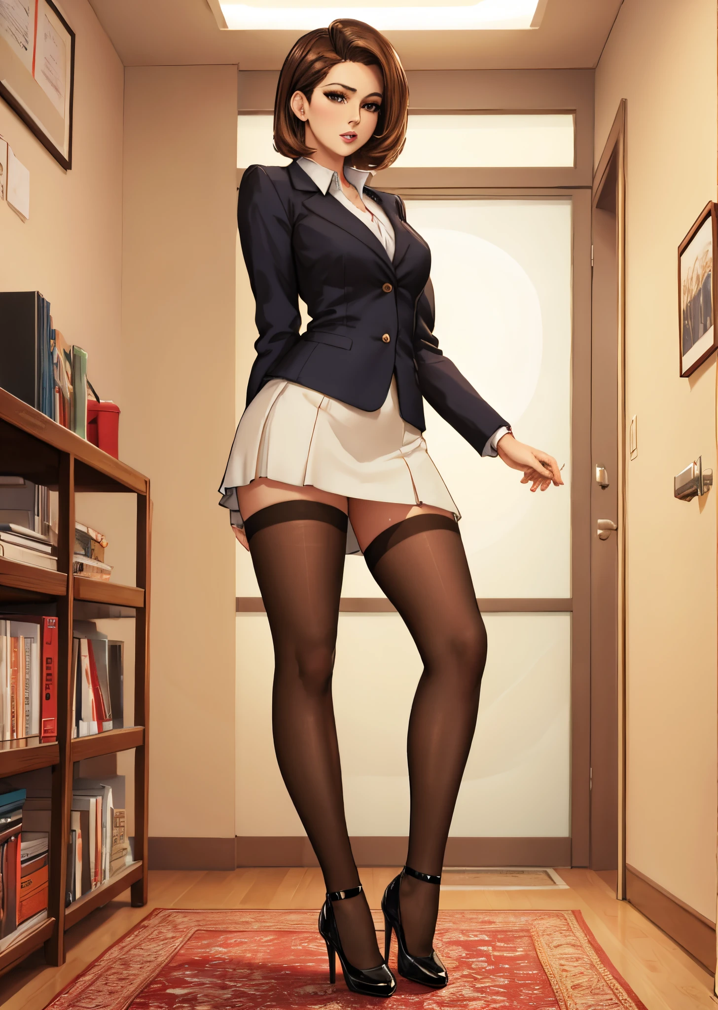 photo du corps entier d&#39;une belle secrétaire sexy portant une jupe extrêmement courte et des bas cousus, (des stands_droit), ((seulement)), , à_le_Bureau, talons hauts, a envie , caresse_se