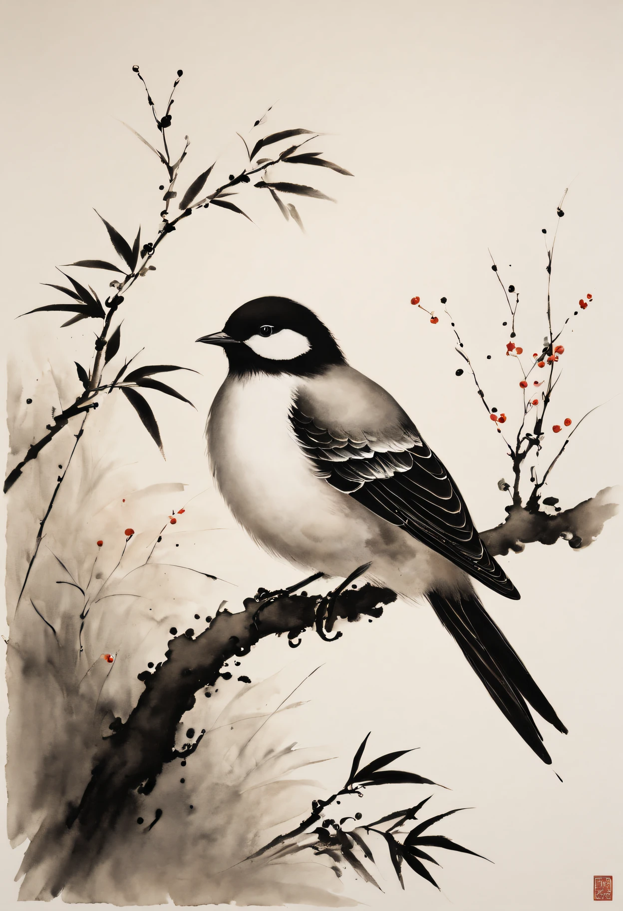 (Best quality at best,A high resolution,tmasterpiece:1.2),ultra - detailed,ink and watercolor painting,maximalist,Chinese,birds in branches,Loose brushstrokes, artworks,subtletextures,Elegant and ,expressive ink,Black and white,Striking,finely detailled,zen feeling,Traditional technology,Artistic interpretation,tranquil ambiance,minimalist aesthetic,Calm atmosphere,full of symbolic meaning,Subtle gradients,harmonious balance,atmosphric perspective,peaceful tranquility,sparse background,Thoughtful touches,Powerful simplicity,Peaceful nature,Balance of positive and negative space,Beautiful movements,Lively brushstrokes,nature harmony,EtherealBeauty,traditional pen and ink techniques,calm expression,artistic minimalism,The tranquility of nature,delicated lines,Fantastical Atmosphere,soothing black ink,Subtle ink,Symbolic imagery
