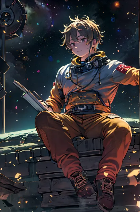 Drawing a young programmer, sitting on a research platform floating in the middle of an asteroid belt. He is studying with a not...