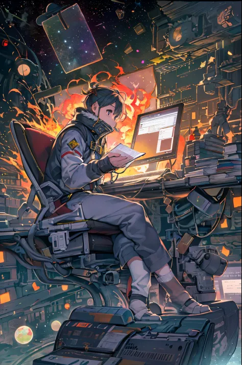 Drawing a young programmer, sitting on a research platform floating in the middle of an asteroid belt. He is studying with a not...