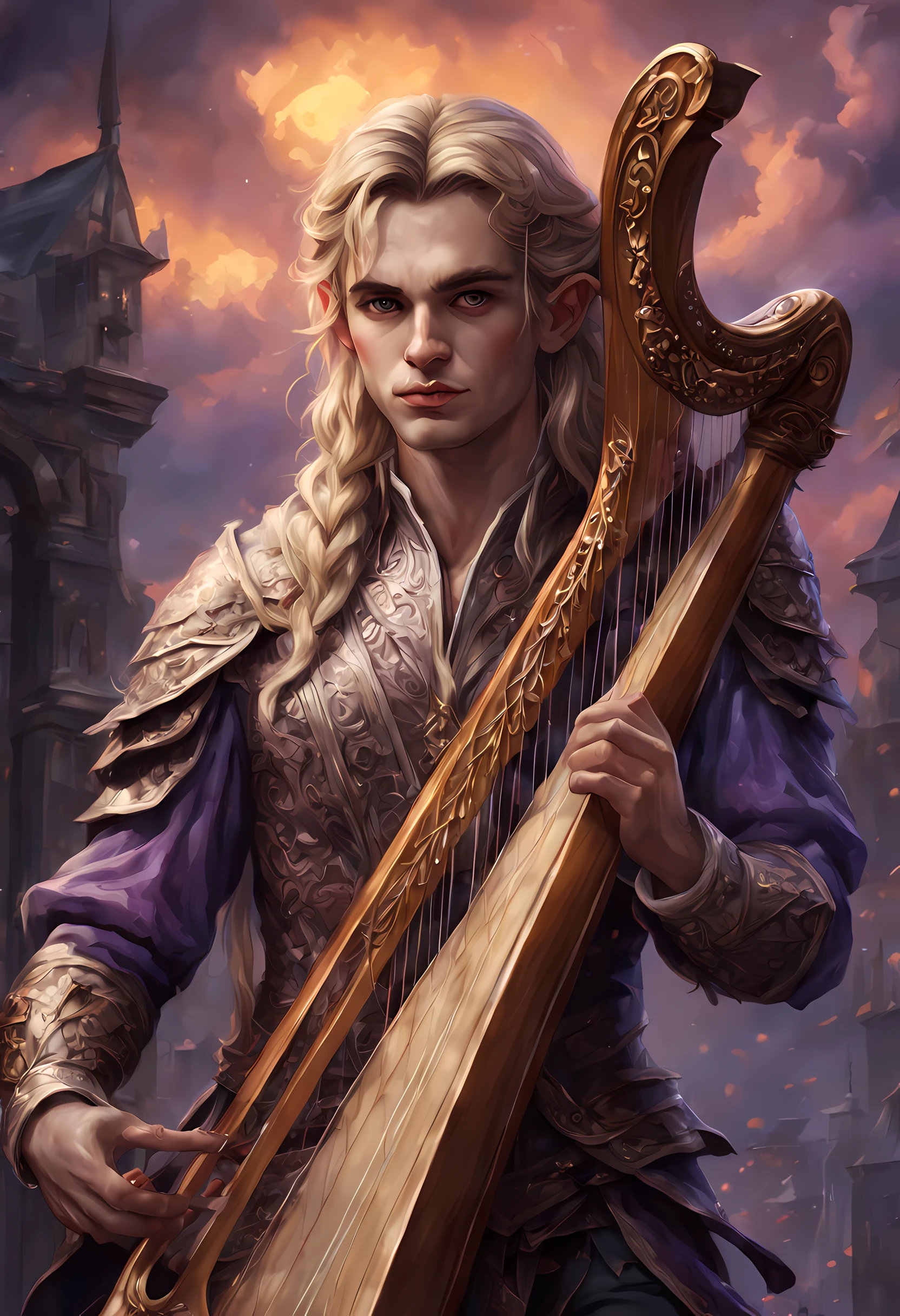 antasy art, dnd art, RPG art, wide shot, drkfntasy (masterpiece:1.3), full body, intense details, highly detailed, photorealistic, best quality, highres, portrait of 1(male: 1.4) half elf (fantasy art, Masterpiece, best quality: 1.ale skin, intense details facial detail (fantasy art, Masterpiece, best quality: 1.4) bard, exquisite beauty, (blond hair: 1.3), braided hair, smirking in arrogance, intense purple eyeantasy art, Masterpiece, best quality: 1.3) holding a (harp: 1.4) (fantasy art, Masterpiece, best quality: 1.4)wearing heavy (heavy armor, wearing) F41Arm0rXL wearing laced boots, wearing a cloak, smiling an arrogant smile, standing in fantasy street, there are (dark red clouds: 1.3) , (dark yellows clouds: 1.3) above, sense of gloom, sense of dread, depth of field, reflection light, high details, best quality, 16k, [ultra detailed], masterpiece, best quality, (extremely detailed), dynamic angle, ultra wide shot, photorealistic, RAW, fantasy art, dnd art, fantasy art, realistic art