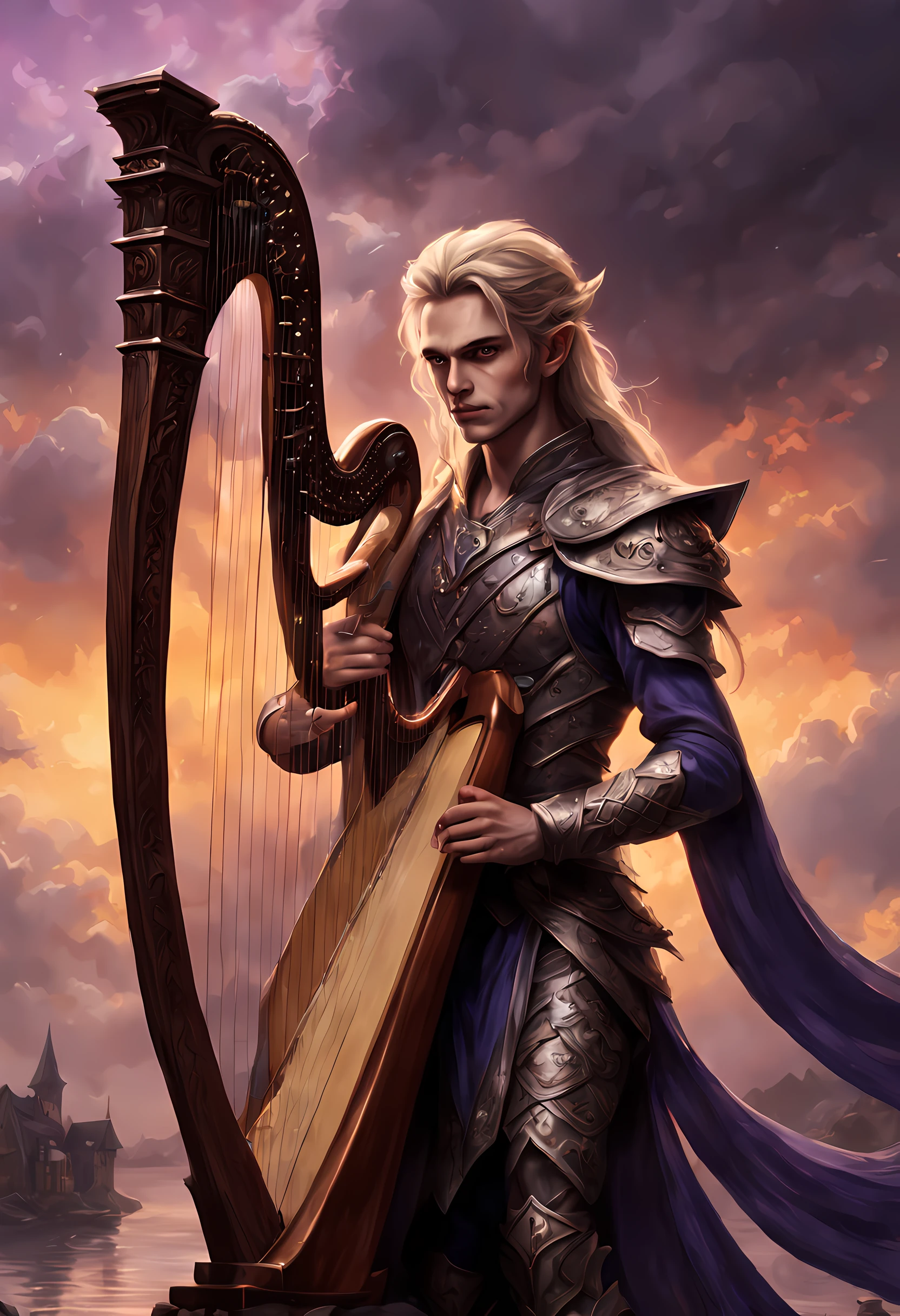 antasy art, dnd art, RPG art, wide shot, drkfntasy (masterpiece:1.3), full body, intense details, highly detailed, photorealistic, best quality, highres, portrait of 1(male: 1.4) half elf (fantasy art, Masterpiece, best quality: 1.ale skin, intense details facial detail (fantasy art, Masterpiece, best quality: 1.4) bard, exquisite beauty, (blond hair: 1.3), braided hair, smirking in arrogance, intense purple eyeantasy art, Masterpiece, best quality: 1.3) holding a (harp: 1.4) (fantasy art, Masterpiece, best quality: 1.4)wearing heavy (heavy armor, wearing) F41Arm0rXL wearing laced boots, wearing a cloak, smiling an arrogant smile, standing in fantasy street, there are (dark red clouds: 1.3) , (dark yellows clouds: 1.3) above, sense of gloom, sense of dread, depth of field, reflection light, high details, best quality, 16k, [ultra detailed], masterpiece, best quality, (extremely detailed), dynamic angle, ultra wide shot, photorealistic, RAW, fantasy art, dnd art, fantasy art, realistic art