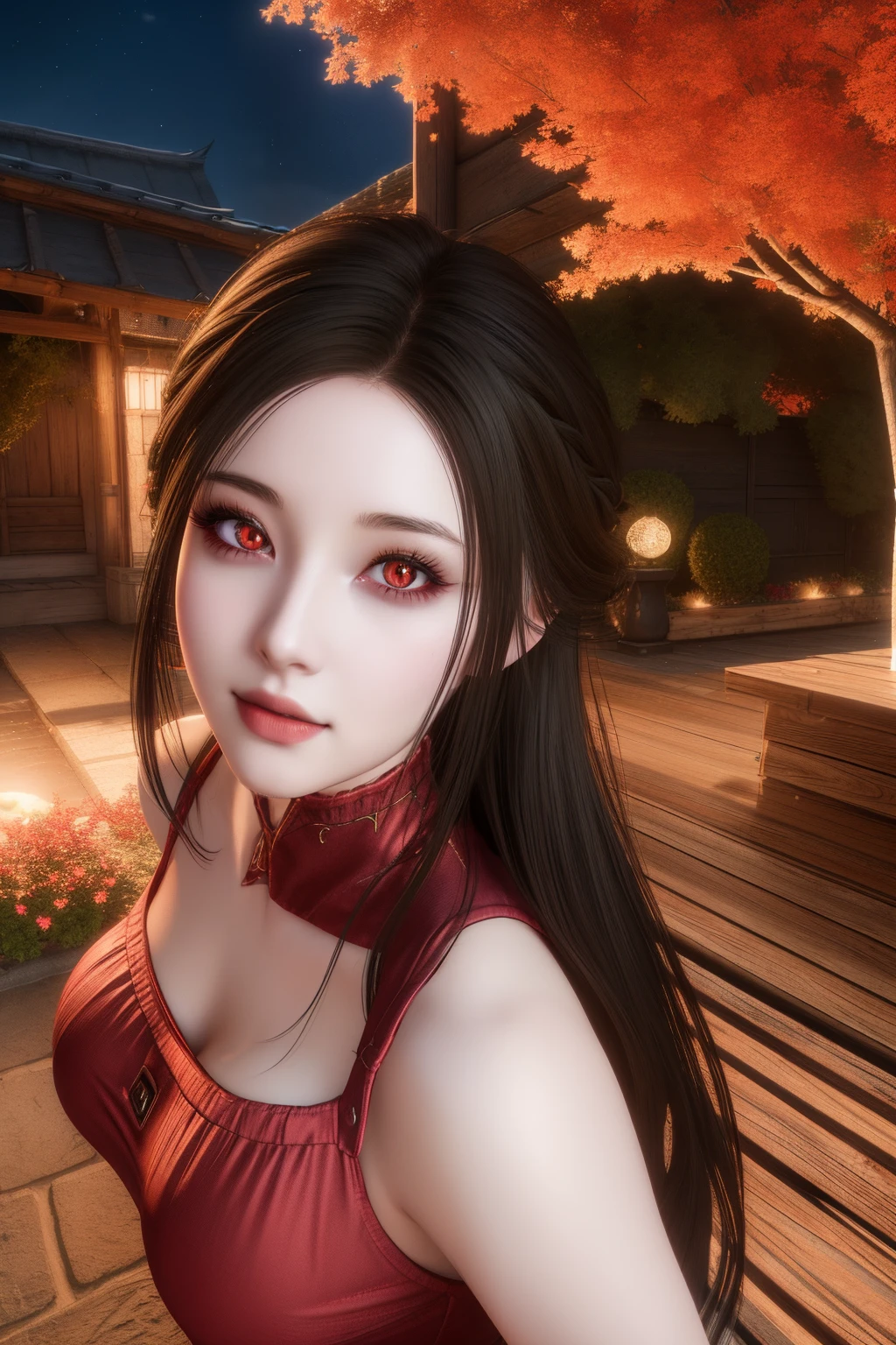 masutepiece, Best Quality, (Colorful), (Delicate eyes and face), Volumetric Lights, Ray tracing, the Extremely Detailed CG Unity 8K Wallpapers, serana, 1girl in, Red Eyes, Looking at Viewer, Seductive smile, arms behind back, evening, garden, gloomy castle