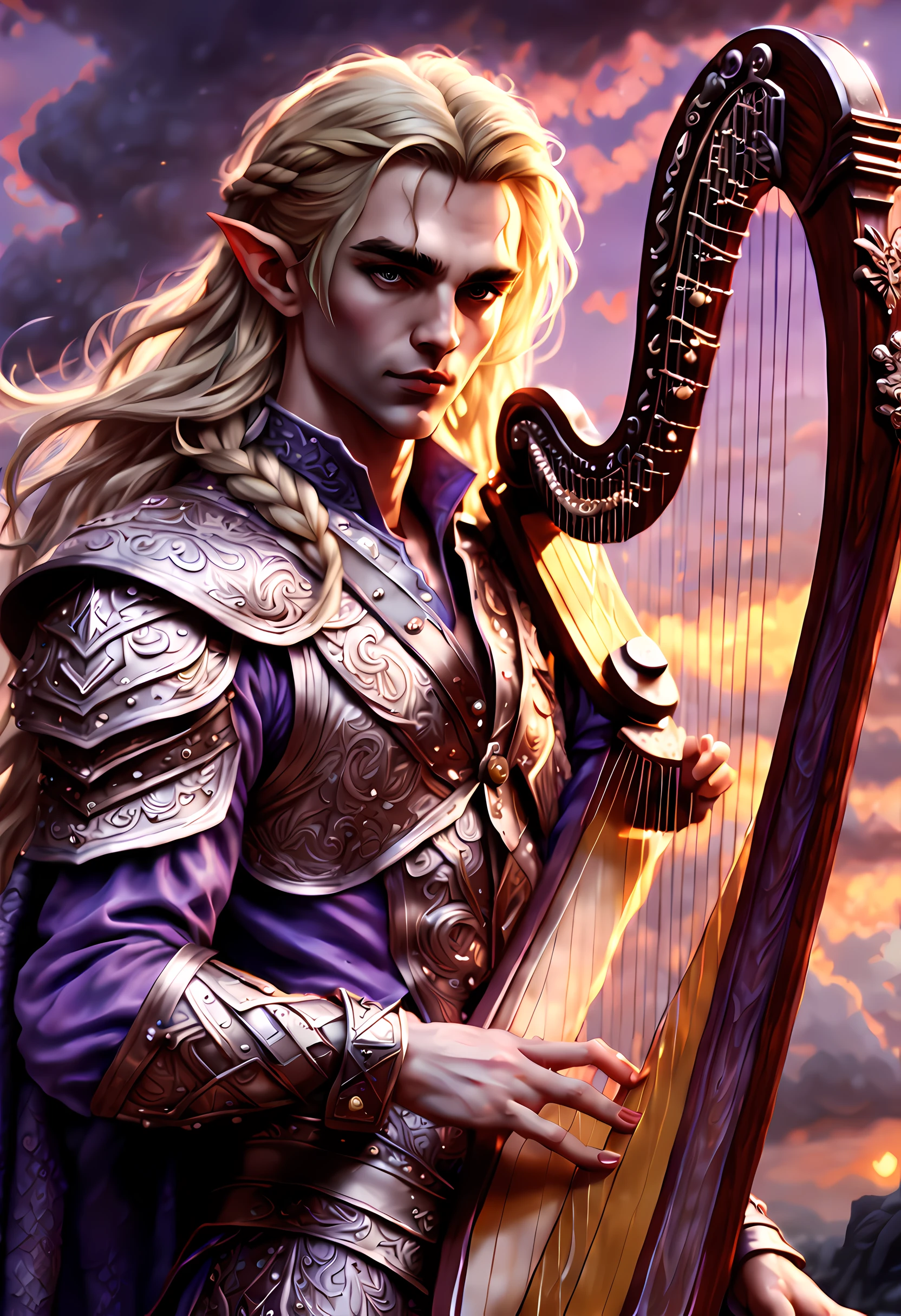 antasy art, dnd art, RPG art, wide shot, drkfntasy (masterpiece:1.3), full body, intense details, highly detailed, photorealistic, best quality, highres, portrait of 1(male: 1.4) half elf (fantasy art, Masterpiece, best quality: pale skin, intense details facial detail (fantasy art, Masterpiece, best quality: 1.4) bard, exquisite beauty, (blond hair: 1.3), braided hair, smirking in arrogance, intense purple eyeantasy art, Masterpiece, best quality: 1.3) holding a ( small harp: 1.4) (fantasy art, Masterpiece, best quality: 1.4)wearing heavy (heavy armor, wearing) F41Arm0rXL wearing laced boots, wearing a cloak, smiling an arrogant smile, standing in fantasy street, there are (dark red clouds: 1.3) , (dark yellows clouds: 1.3) above, sense of gloom, sense of dread, depth of field, reflection light, high details, best quality, 16k, [ultra detailed], masterpiece, best quality, (extremely detailed), dynamic angle, ultra wide shot, photorealistic, RAW, fantasy art, dnd art, fantasy art, realistic art