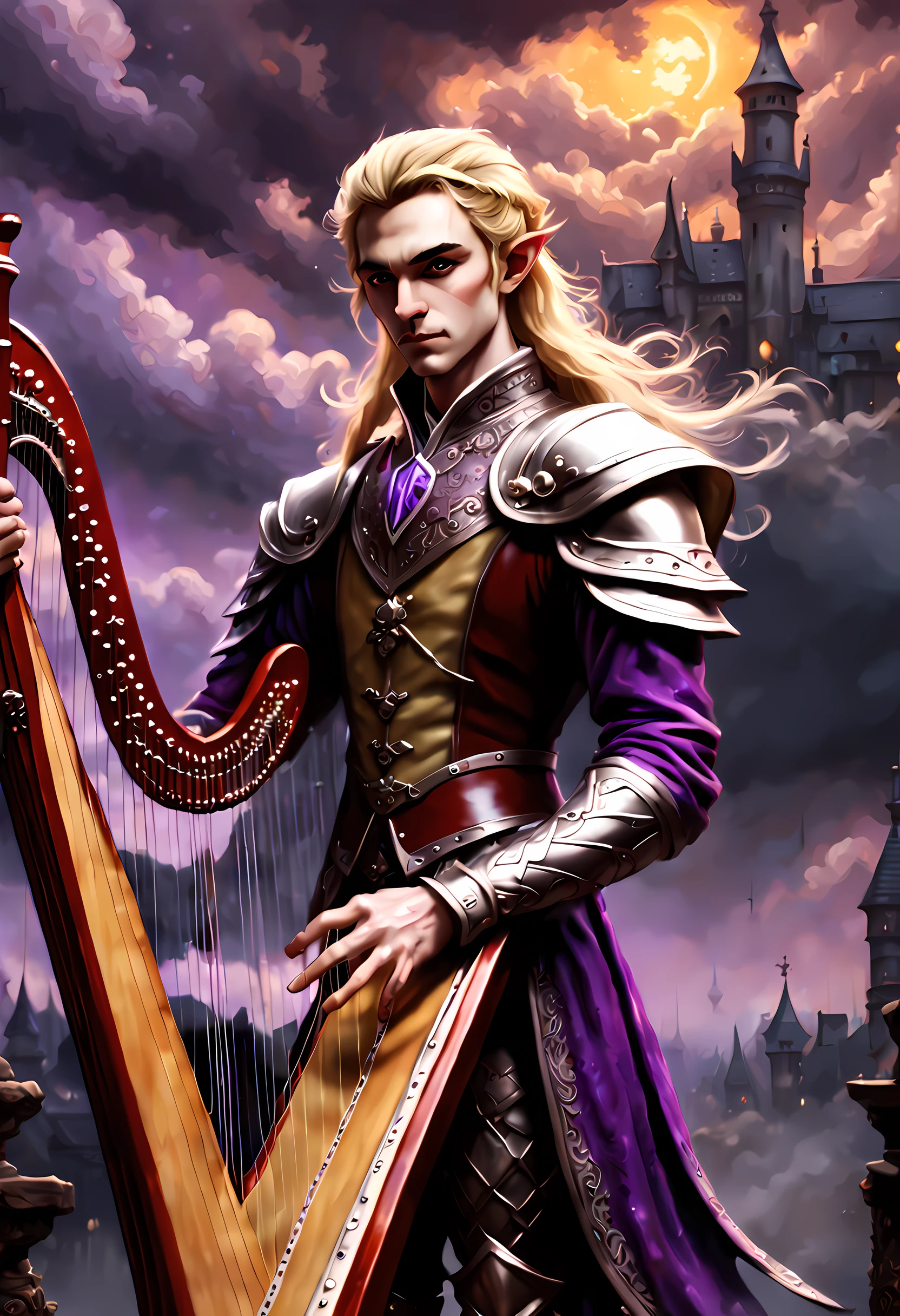 antasy art, dnd art, RPG art, wide shot, drkfntasy (masterpiece:1.3), full body, intense details, highly detailed, photorealistic, best quality, highres, portrait of 1(male: 1.4) half elf (fantasy art, Masterpiece, best quality: pale skin, intense details facial detail (fantasy art, Masterpiece, best quality: 1.4) bard, exquisite beauty, (blond hair: 1.3), braided hair, smirking in arrogance, intense purple eyeantasy art, Masterpiece, best quality: 1.3) holding a ( small harp: 1.4) (fantasy art, Masterpiece, best quality: 1.4)wearing heavy (heavy armor, wearing) F41Arm0rXL wearing laced boots, wearing a cloak, smiling an arrogant smile, standing in fantasy street, there are (dark red clouds: 1.3) , (dark yellows clouds: 1.3) above, sense of gloom, sense of dread, depth of field, reflection light, high details, best quality, 16k, [ultra detailed], masterpiece, best quality, (extremely detailed), dynamic angle, ultra wide shot, photorealistic, RAW, fantasy art, dnd art, fantasy art, realistic art