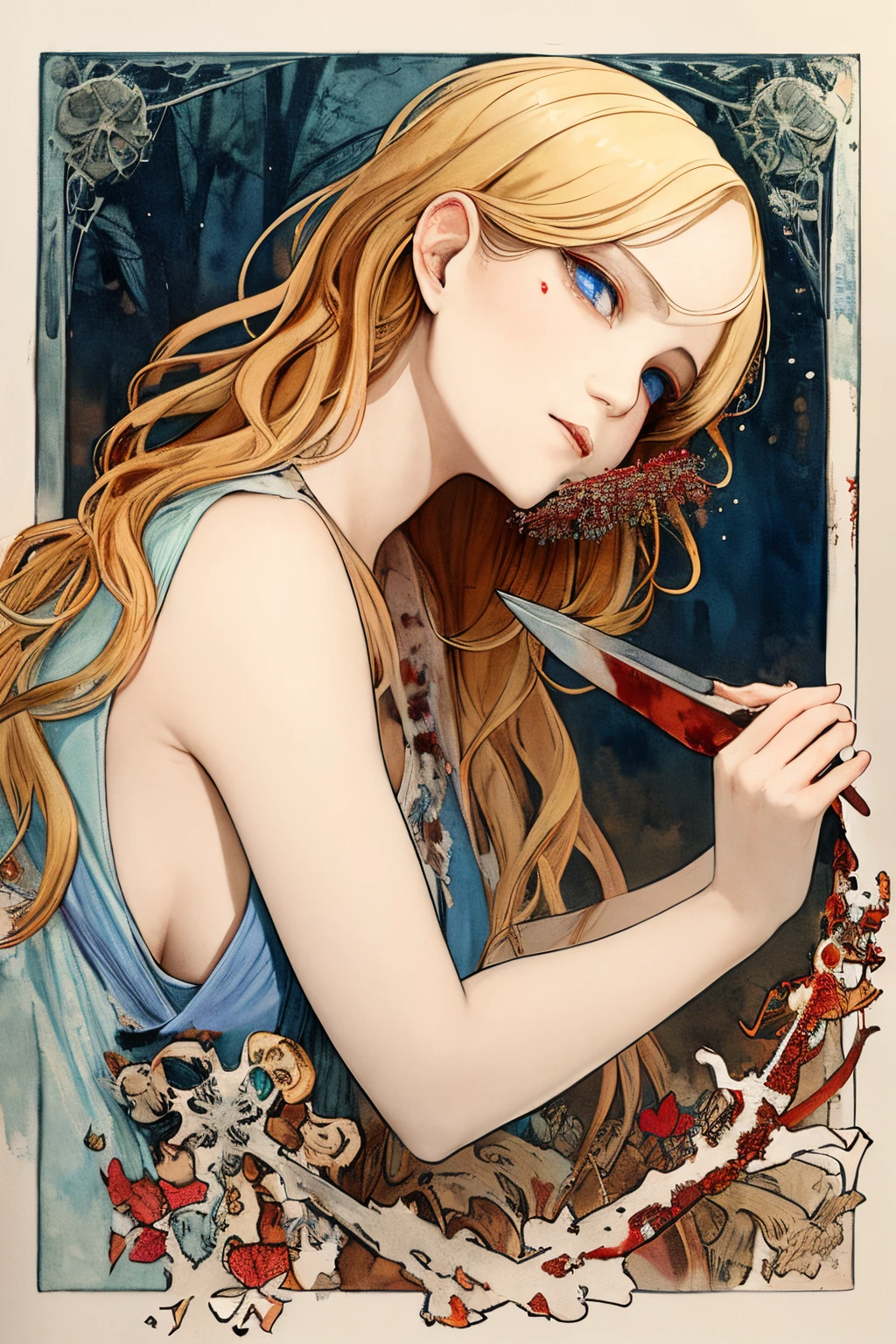 SFW,masutepiece, Best Quality, High resolution, 1girl, upper body, Details , detail hands, Detail fingers, Detail Face, detail legs, watercolor paiting, in graveyard, blonde hair, long hair, wavy hair, tattered clothes, blue eyes, zombie, skull, bone, (art nouveau:1.25), Maximalism artstyle, neon theme, suprematism, crying, beautiful detailed eyes,hyper detailed, beautifuly color, high details, high quality, back light, upper body , high quality, hair with body, cluster amaryllis, rotungwoka person, knife, in village, dead flower, bloody