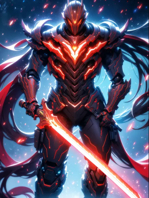 masterpiece, best quality, realistic,shiny,reflective,bioluminic, galactic cybernetic mask,galactic red-green mecha,(assassin:1.2), Robotic Knight, killing warrior pose, headdress,holding glowing red long sword,Galaxy,GlowingRunes_red,fullbody,cinemnatic,d...