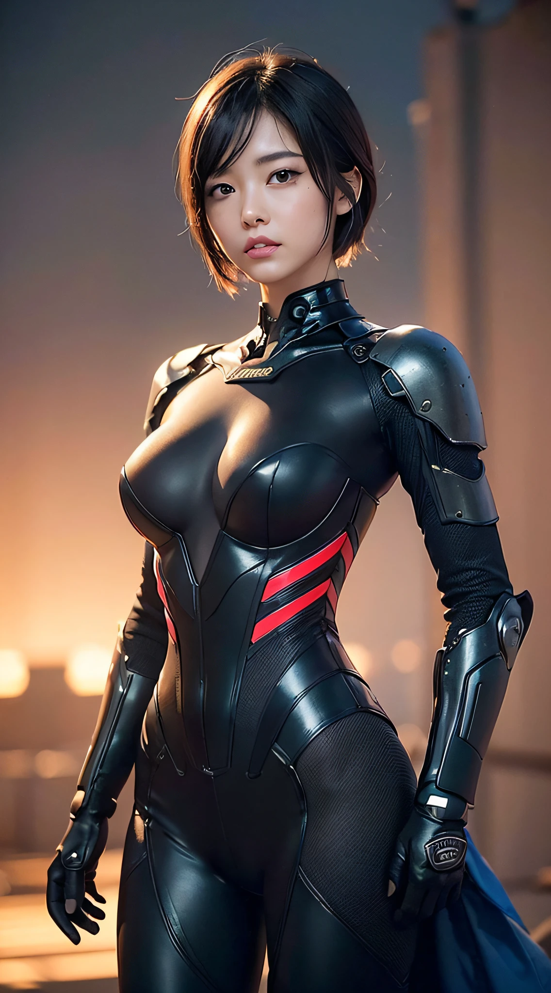 (a closeup:1.4)、(Raw photography:1.2)、(Photorealsitic:1.4)、(​masterpiece:1.3)、(top-quality:1.4)、(Beautiful woman with perfect body:1.4)、Woman standing in front of a group of robots、beautiful android woman、Beautiful Female Soldier、Girl in suit、complex combat uniform、beautiful young  japanese woman、Highly detailed facial and skin texture、Detailed Big Eyes、double eyelid、cute  face、(a short bob:1.2)、(huge-breasted)、(FULL BODYSHOT)、cowboy  shot、(angry expressions:1.2)、Storms and epic war scenes、cyberpunk scene、Night、illuminations、plugsuit、combat uniform damage、