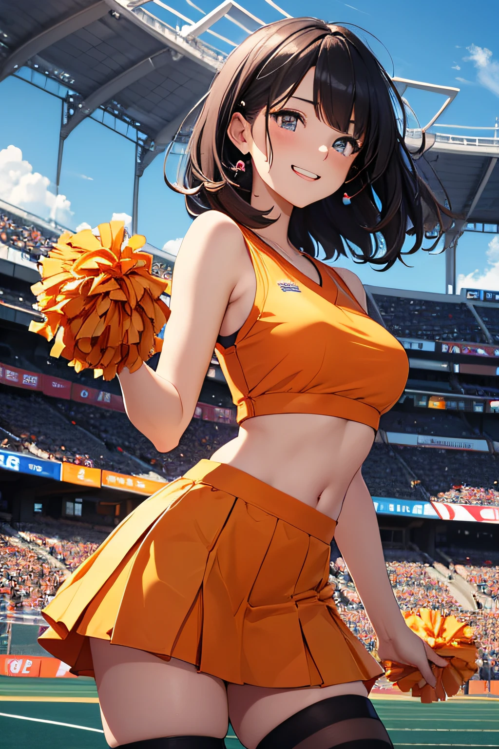 very cute and beautiful cheerleader girl,(very detailed beautiful face and eyes:1.2),(holding a pom pom:1.2),(Laugh),
(Stadium Stand),Cowboy Shot,Dynamic Pose,zettai ryouiki,(orange sleeveless shirt),Beautiful legs,Dynamic Angle,Black hair,
(Best Quality,masutepiece:1.2),Intricate details,hight resolution,1 girl,Looking at Viewer,
Natural lighting,Hair fluttering in the wind,Beautiful detailed sky,