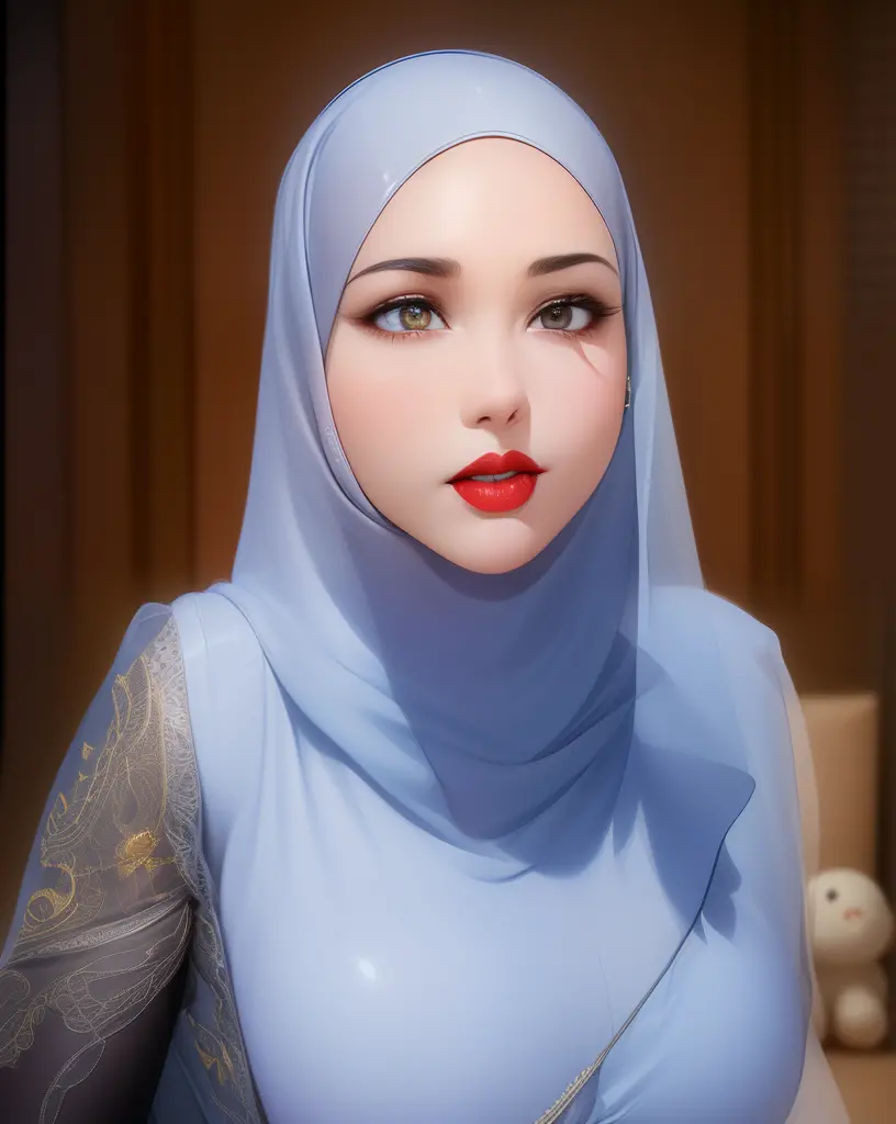 (((HIJAB MALAY GIRL))), (((TRANSPARENT PANTIES))), (((RED LIPS))), top-quality、masterpiece、Surreal、((childs room))、((Stuffed ani...