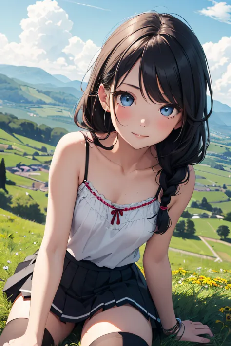 Very cute and beautiful girl,(very detailed beautiful face and eyes:1.2),(Happy),(White camisole),(Cowboy Shot),
zettai ryouiki,Beautiful legs,(Blue pleated mini skirt),Sitting,Spread legs,Dynamic Angle,Black hair,twin braids,
countryside,grassy fields,On ...