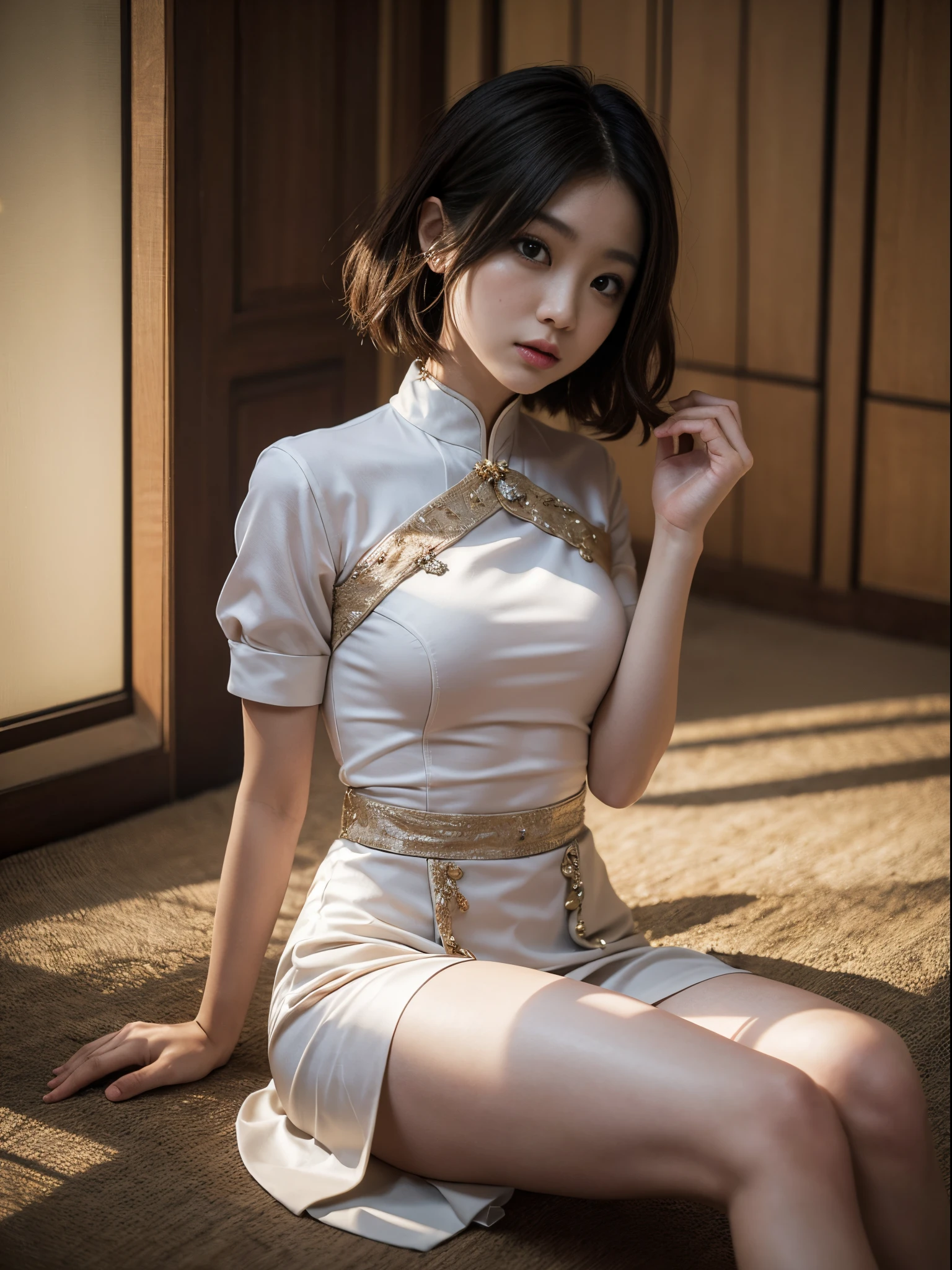 1girl in, (((shorth hair))), qipao dress,long  skirt，(​masterpiece, top-quality, Near and far law, depth of fields:1.5), Beautiful expression, 8k, Raw foto, nffsw, Photorealsitic, film grains, chromatic abberation, hight resolution, Ultra-detail, finely detail, Dynamic Lighting, Dramatic Lighting、shadowy、extremely detailed eye and face、Round pupils and luxurious rooms、long legged、clong legs