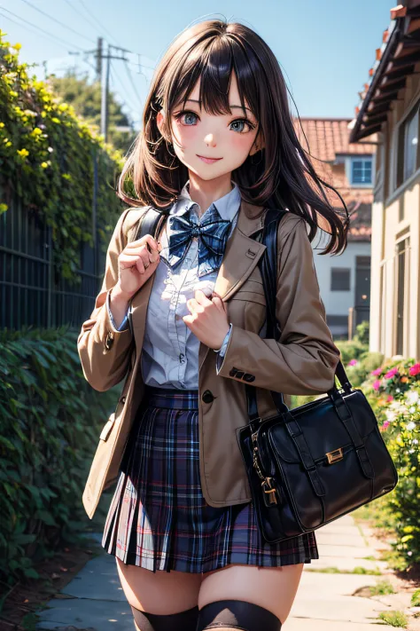 Very cute and beautiful girl,(very detailed beautiful face and eyes:1.2),Smile,Cowboy Shot,
(Brown jacket:1.2),Collared shirt,Checkered bowtie BREAK Detailed legs,zettai ryouiki,Brown shoulder bag,
stylish pose,Dynamic Angle,hair pin,Black hair,(Blue plaid...