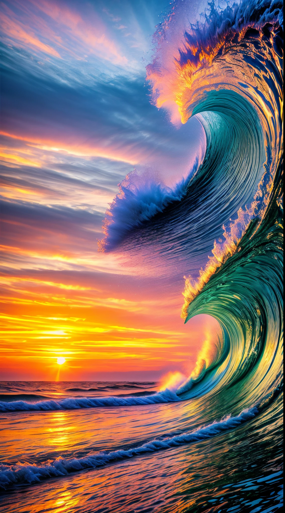 (best quality,HDR,vibrant colors:1.1,realistic),detailed waves,golden reflections,shimmering water surface,sunset glow,dramatic sky,peaceful atmosphere