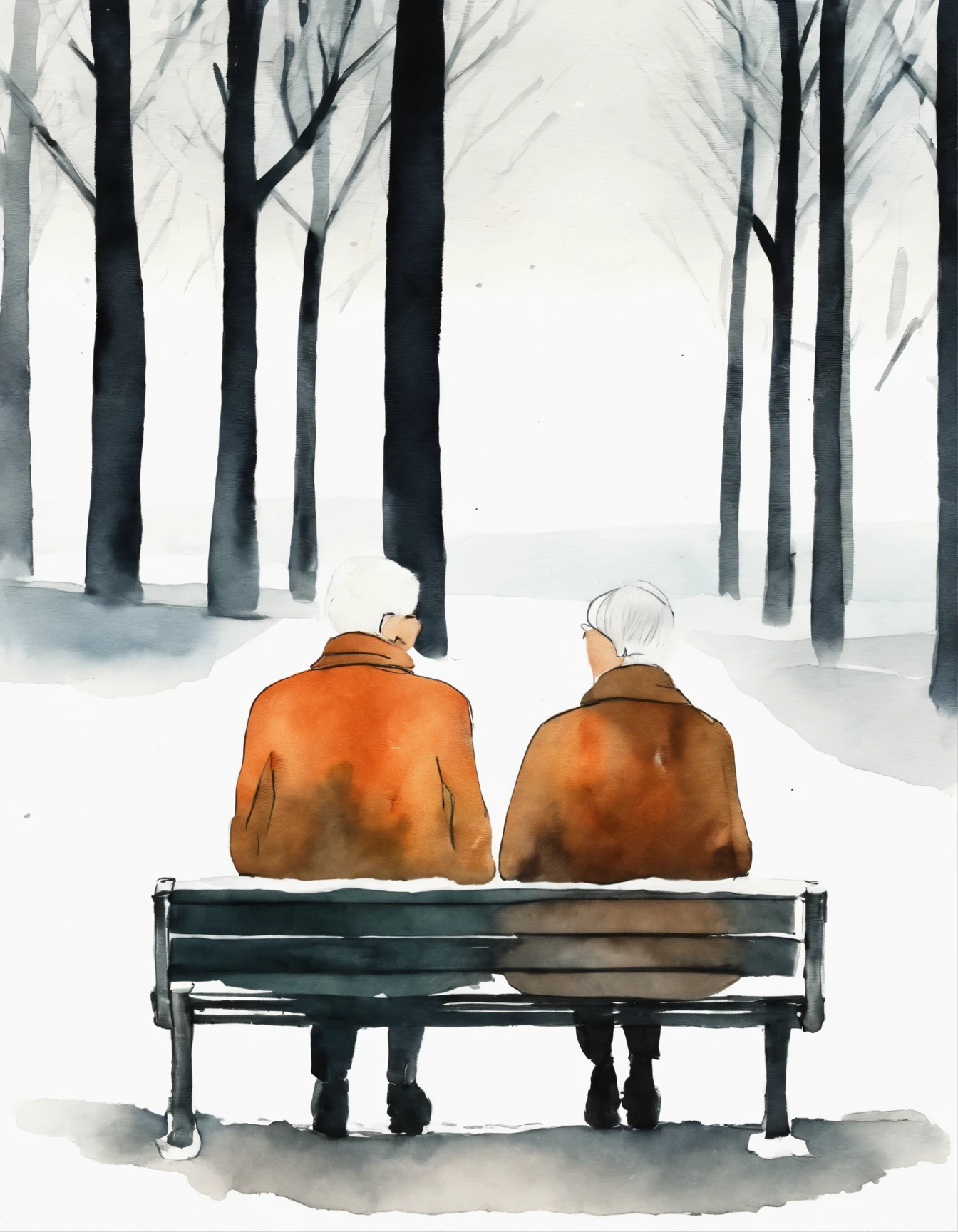 Use circles and lines to draw illustrations，An elderly couple sitting on a park bench in winter, Create using minimalist form