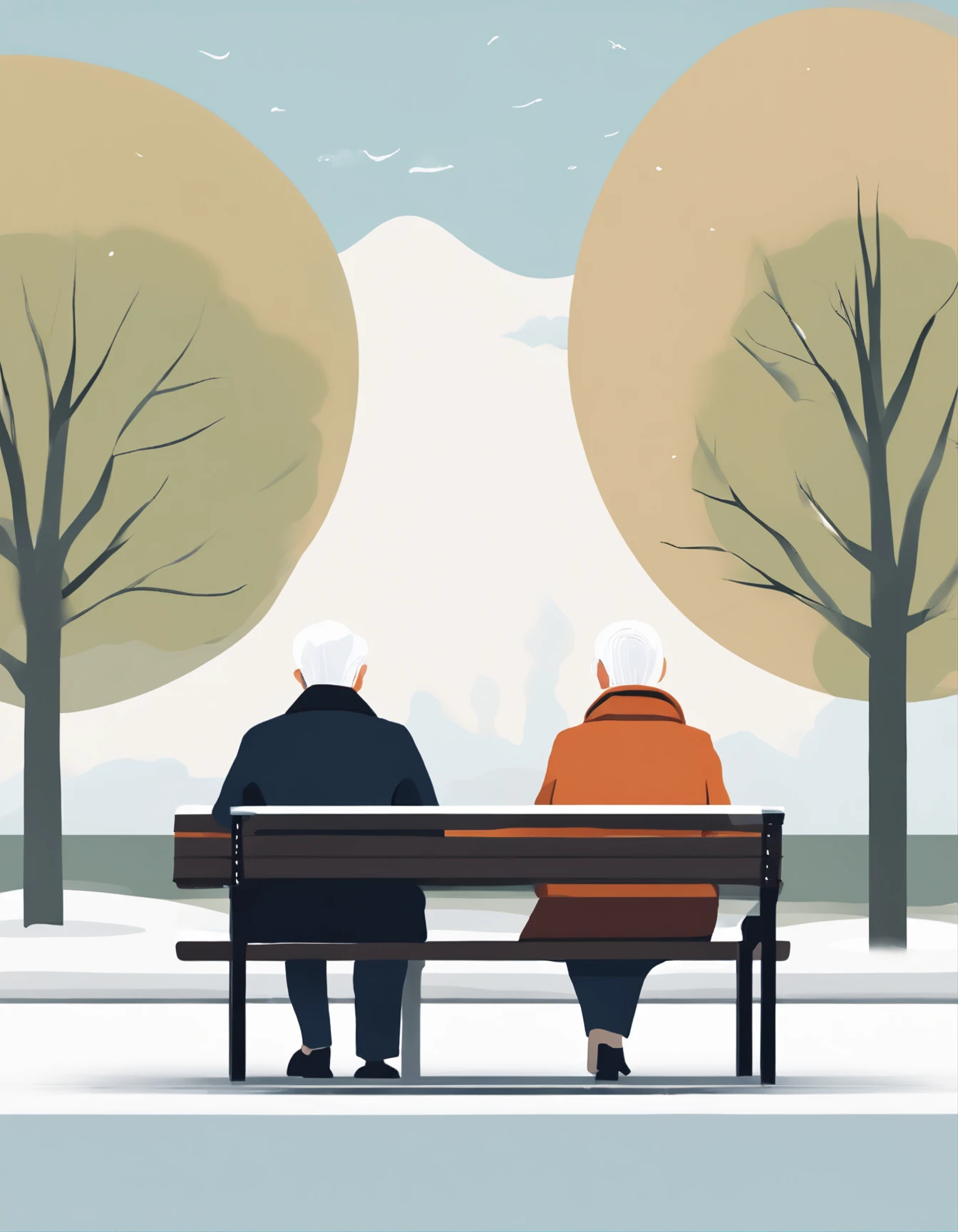 Use circles and lines to draw illustrations，An elderly couple sitting on a park bench in winter, Create using minimalist form
