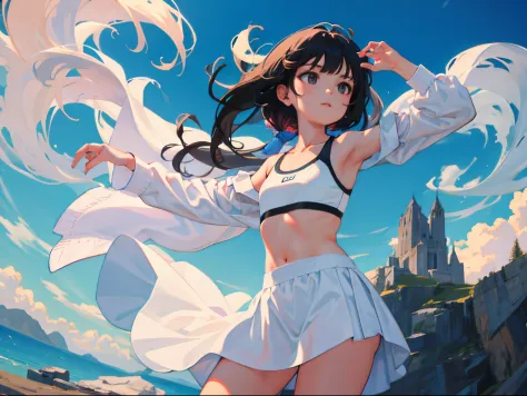 child，（​masterpiece，Highest Quality），Sportsbra，A dark-haired，The wind is blowing